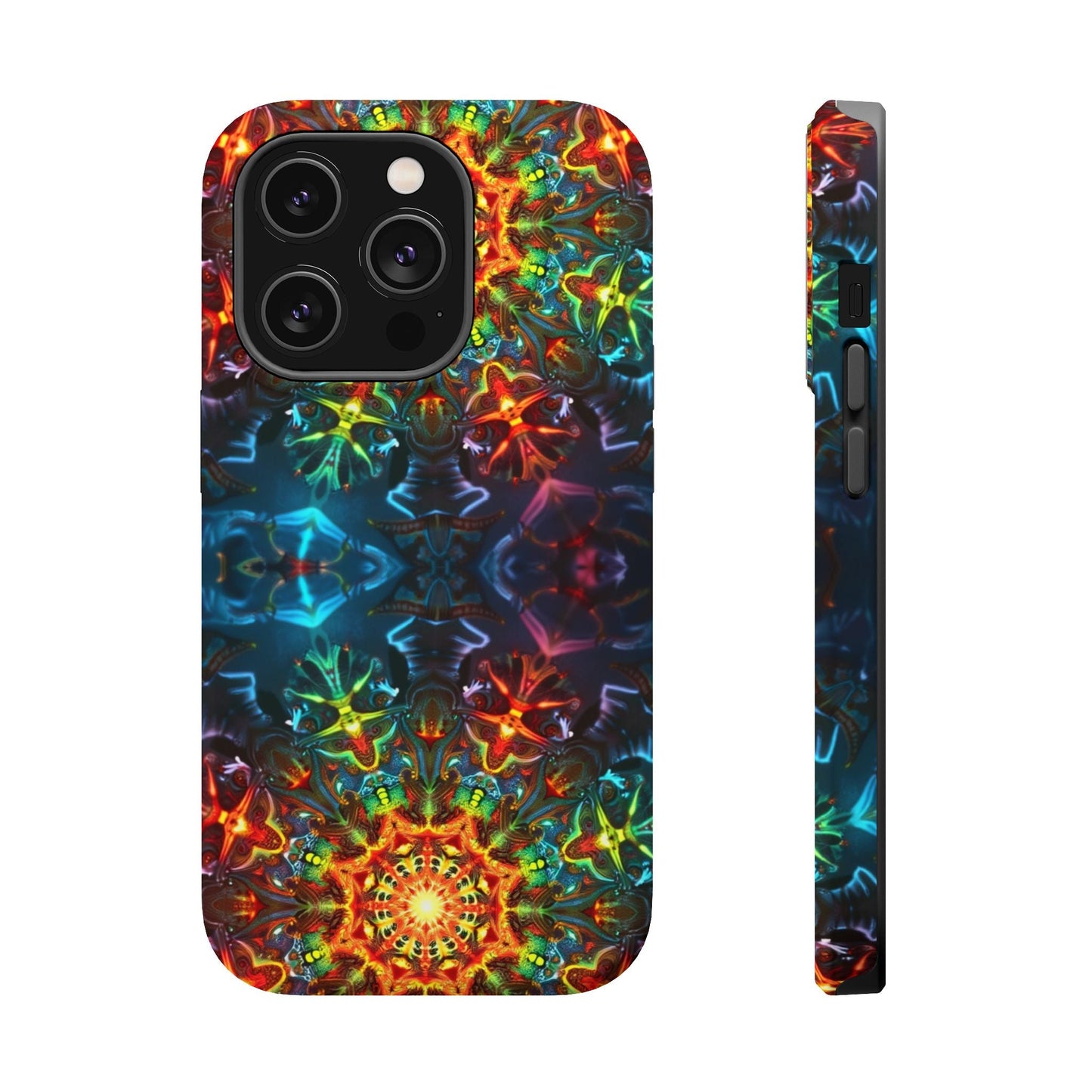 Colorful abstract kaleidoscope design iPhone case with durable dual-layer protection and MagSafe compatibility