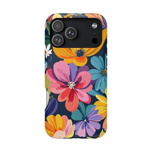 Colorful floral design iPhone case with vibrant flower patterns and MagSafe compatibility for iPhone 17 series.