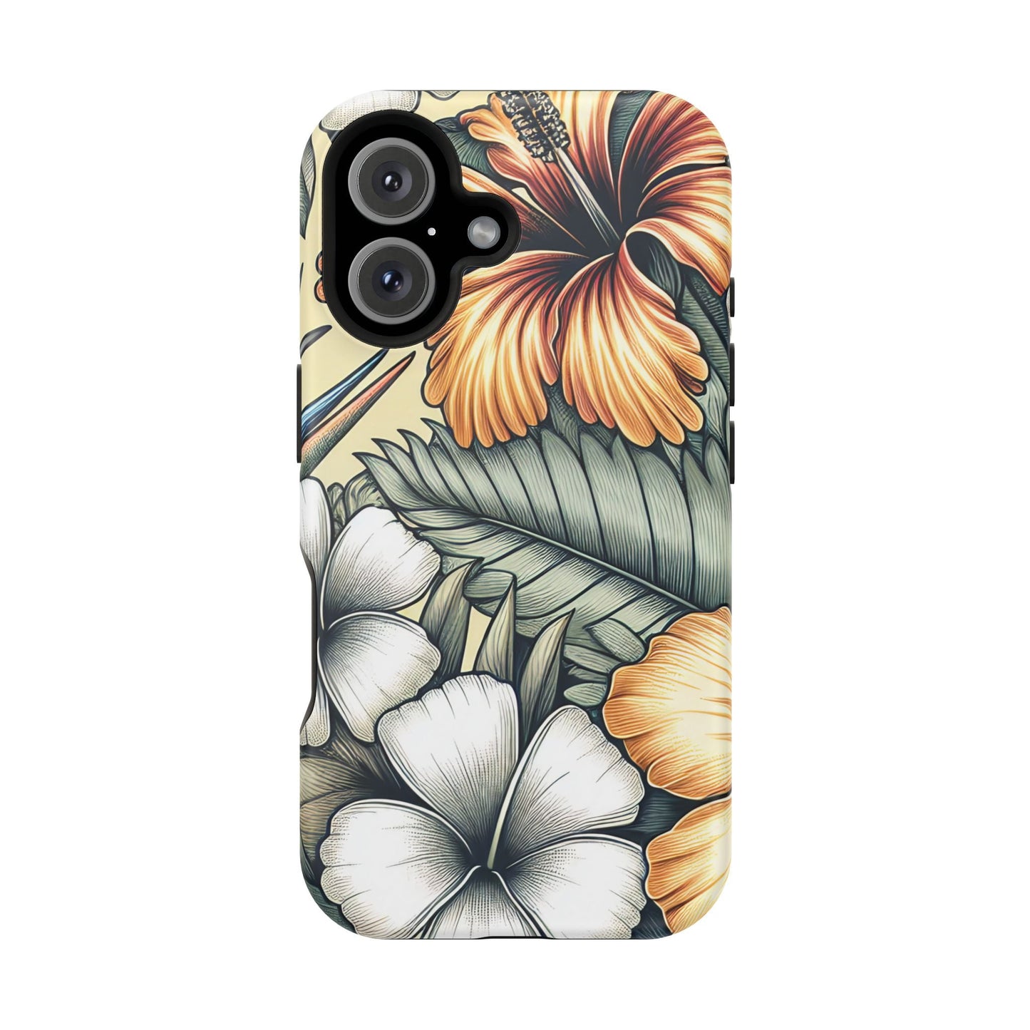 iPhone tough case with durable MagSafe® compatible golden tropical floral design and dual-layer protection