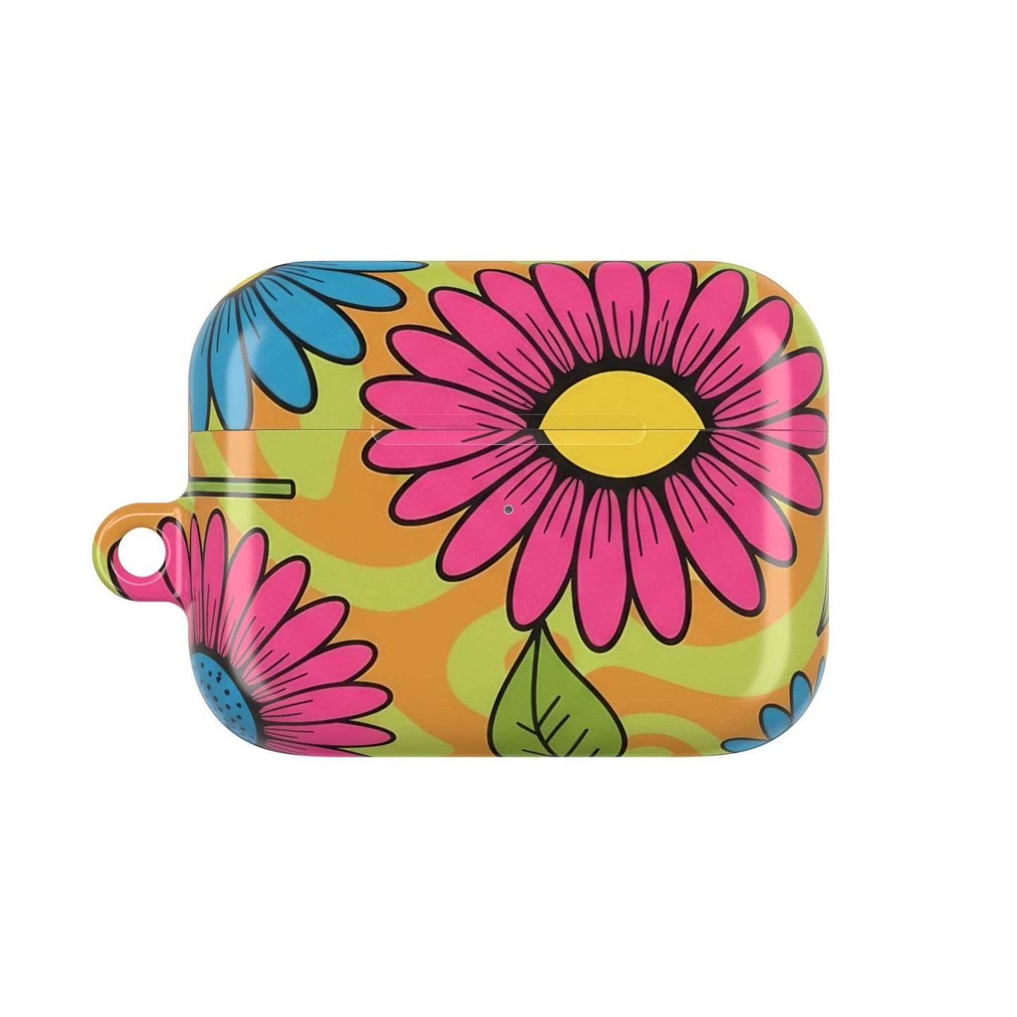 Love Child AirPod Case with colorful floral design, durable lightweight polycarbonate, impact and scratch resistant protective cover with carabiner.