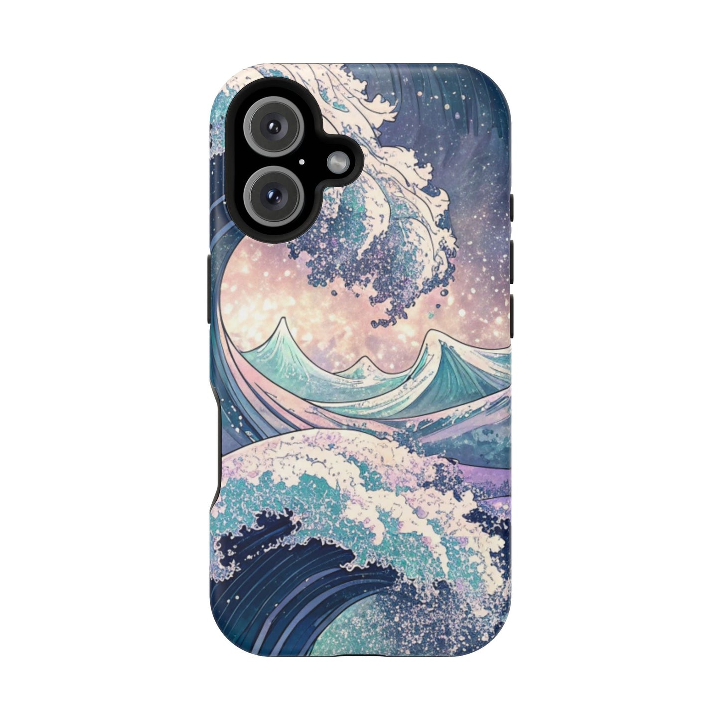 iPhone case with crashing waves design and magnetic MagSafe protection in blue and purple tones