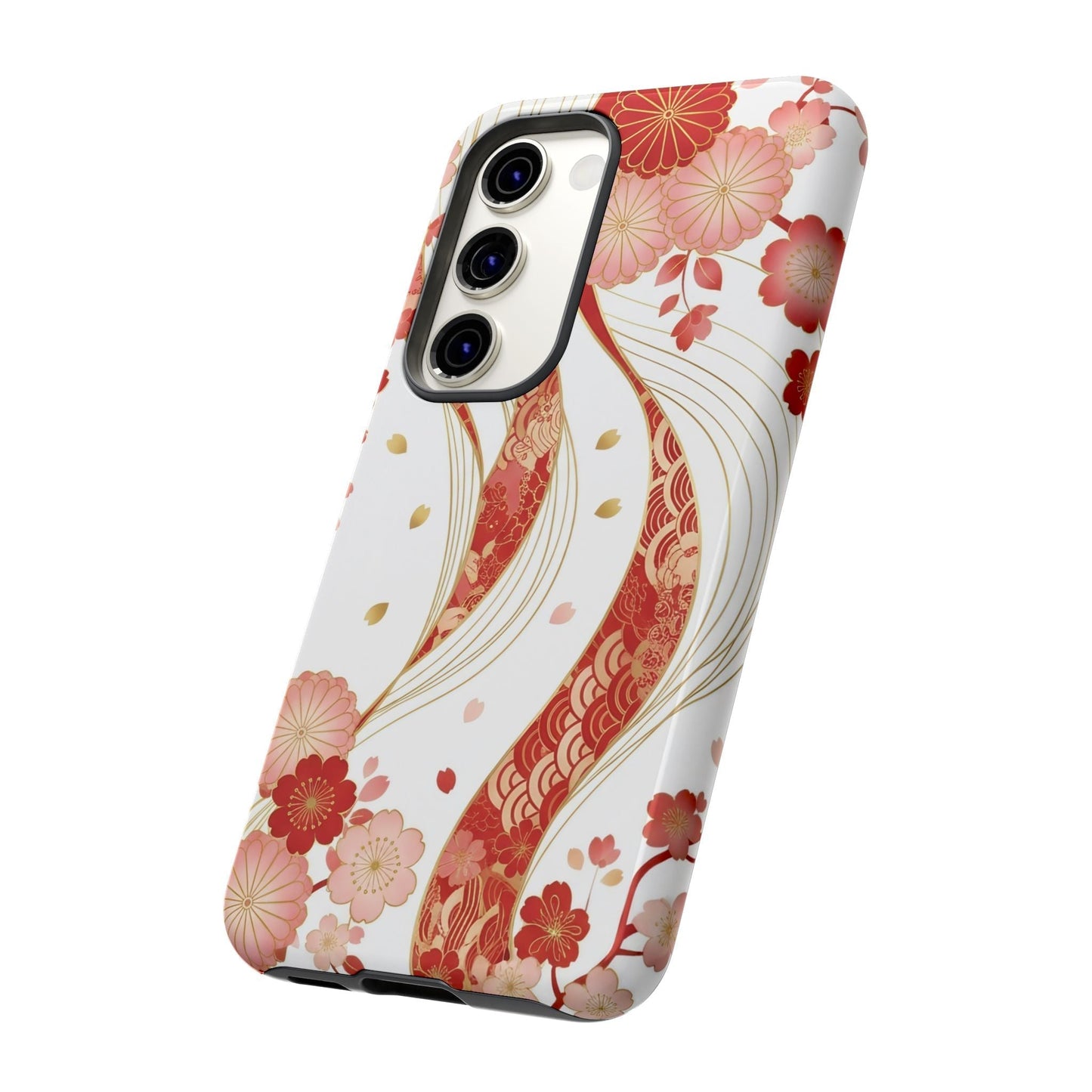 Samsung phone with red golden flower phone case featuring intricate floral design and durable protection