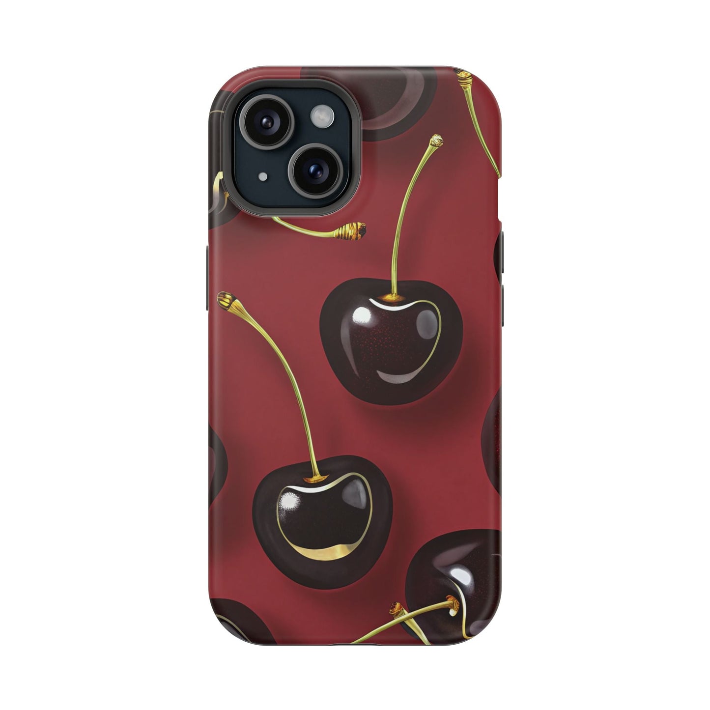 Cherry iPhone tough case with vibrant photo-realistic black cherry design and durable dual-layer protection, MagSafe compatible.