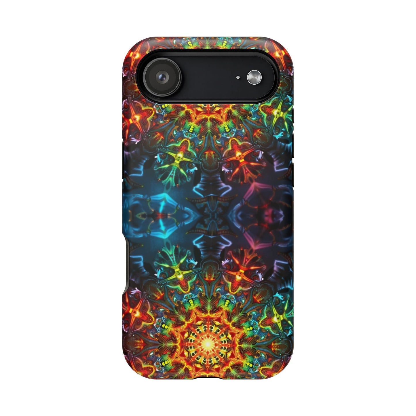 Colorful abstract kaleidoscope design iPhone case with durable dual-layer protection and MagSafe compatibility