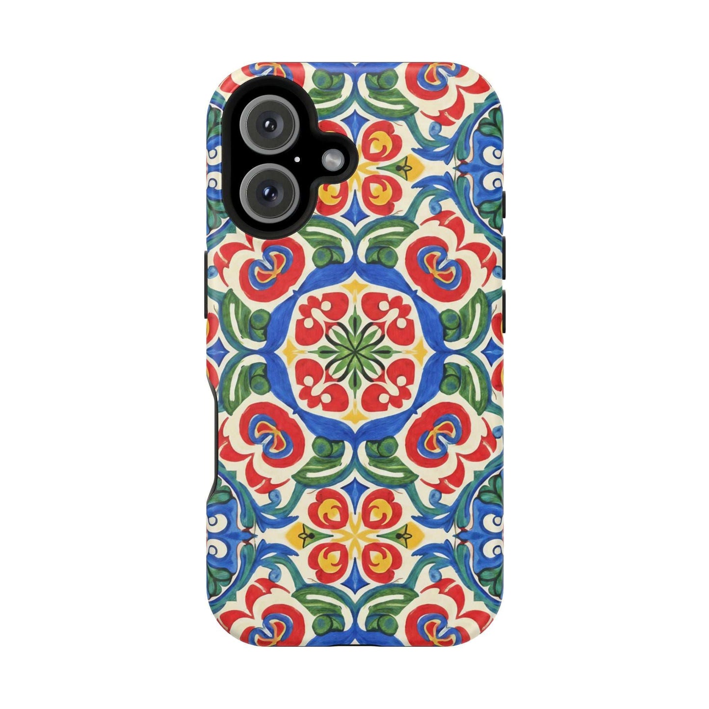 Mediterranean iPhone Case with colorful folk tile art pattern and MagSafe compatibility