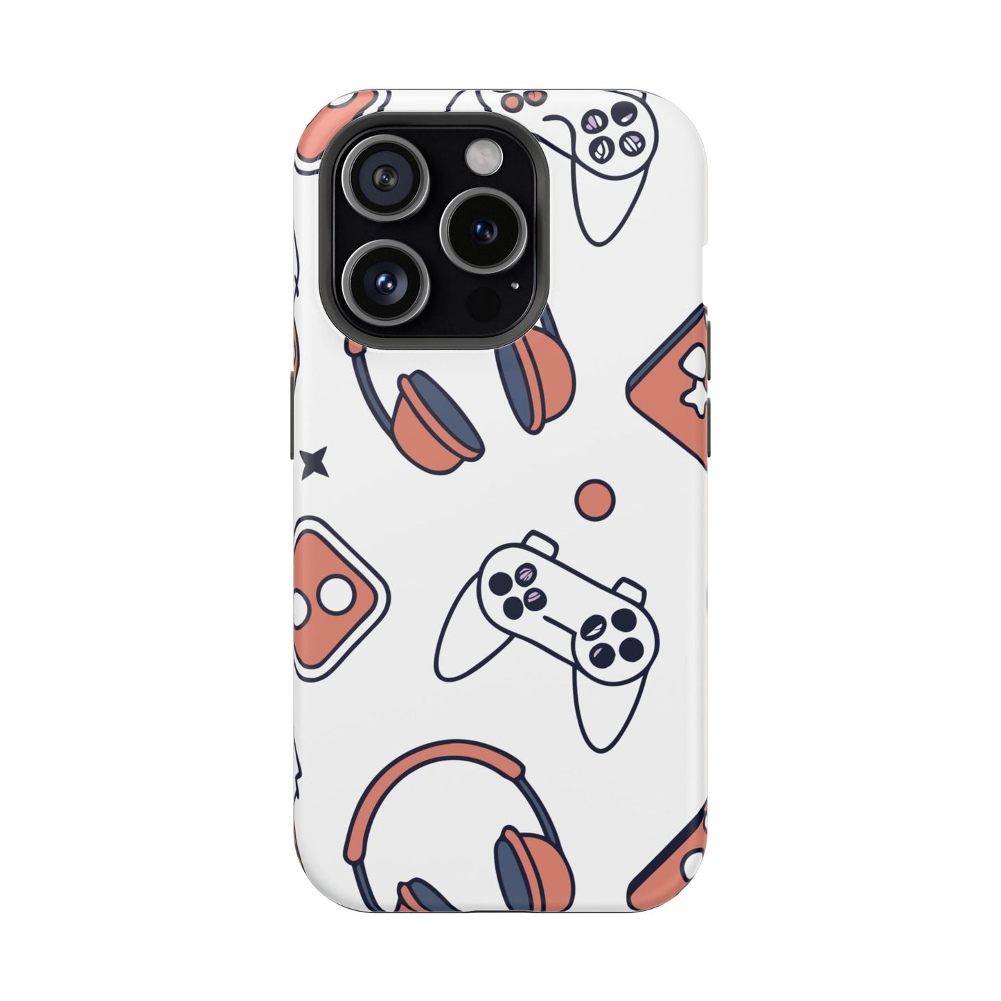 Gamer iPhone tough case with game controller and headset design in white background, durable protective polycarbonate and TPU material with MagSafe compatibility