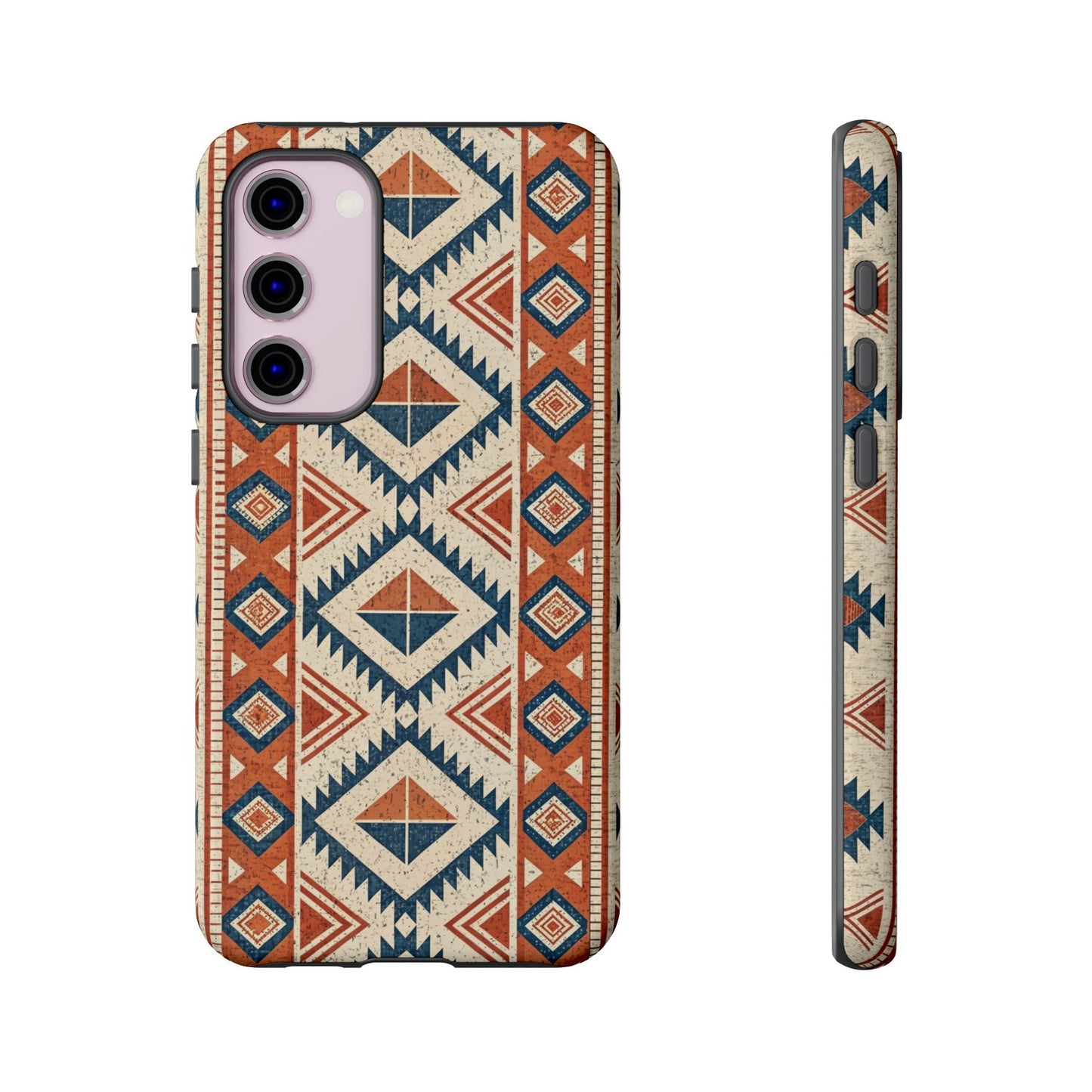 Tribal Design Samsung tough phone case with geometric pattern in orange, blue, and beige for Samsung Galaxy models