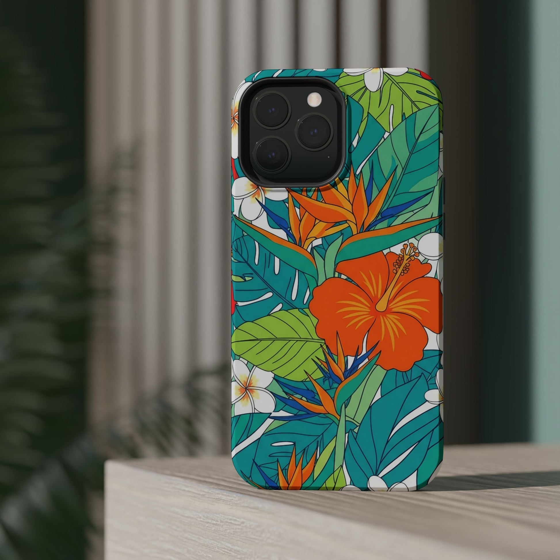 Vibrant Floral iPhone Case with colorful tropical flowers and leaves on durable polycarbonate shell