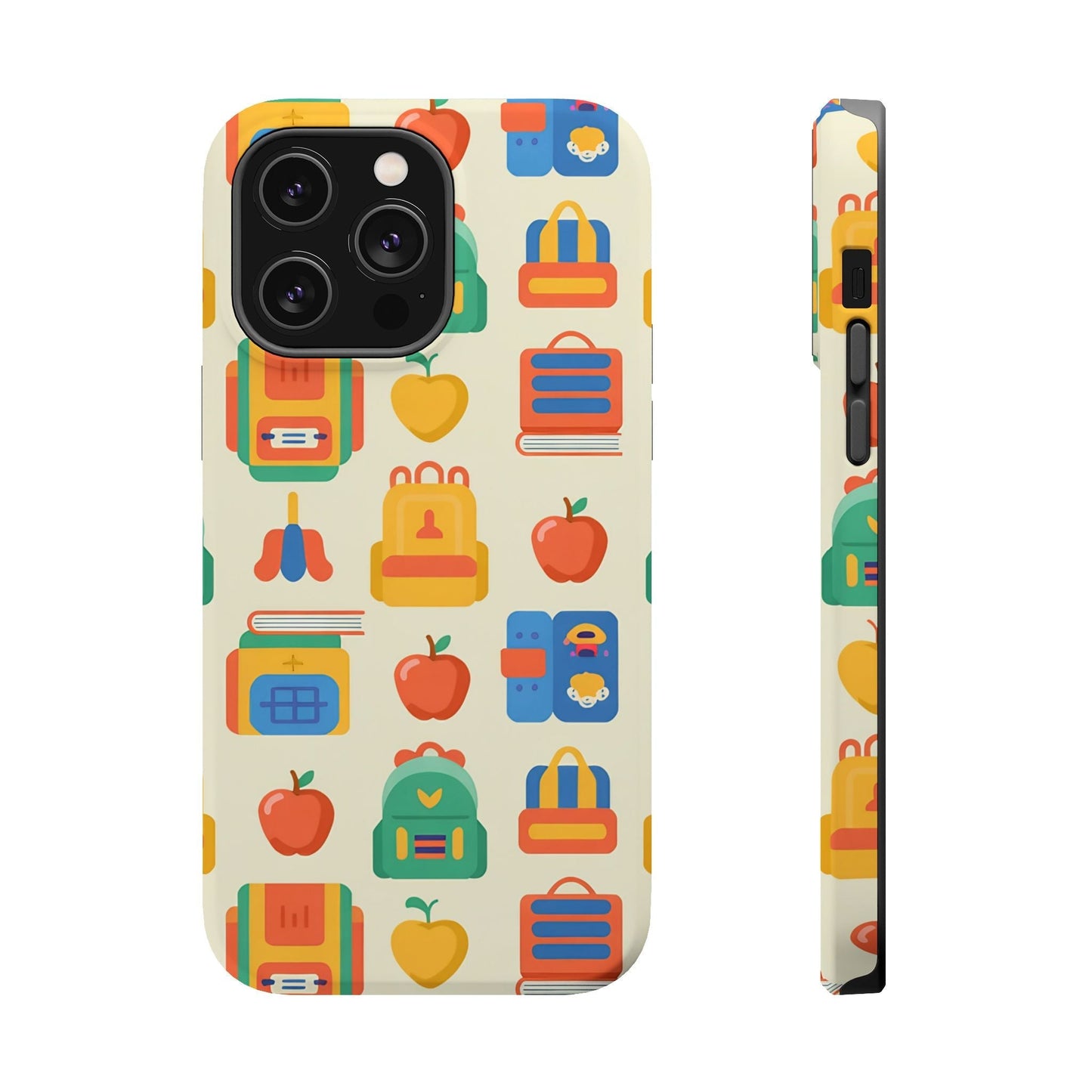 Back to School Phone Case for iPhone with colorful school-themed icons, durable dual-layer protection, and MagSafe compatibility