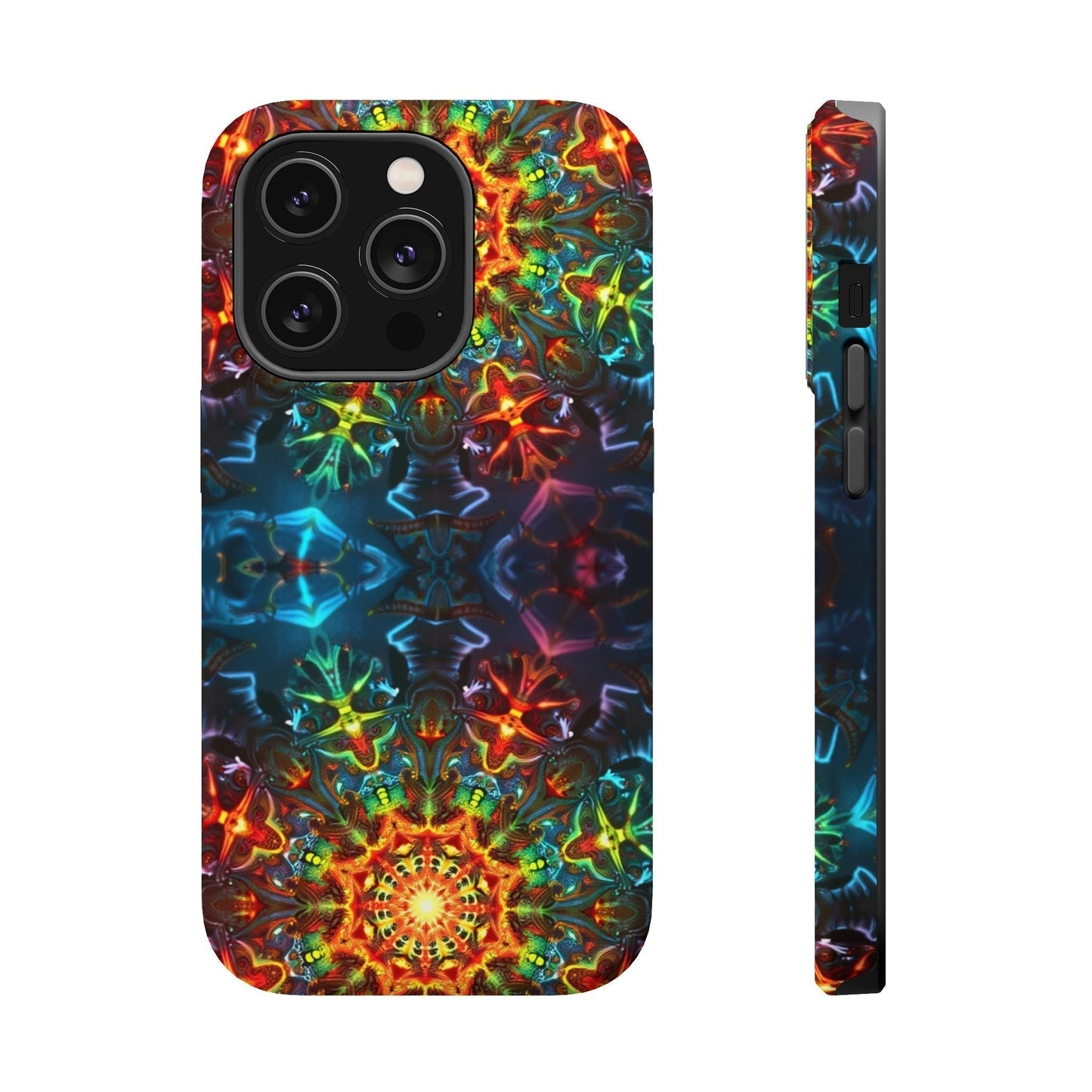 iPhone magnetic tough case with vibrant abstract kaleidoscope design and dual-layer protective build