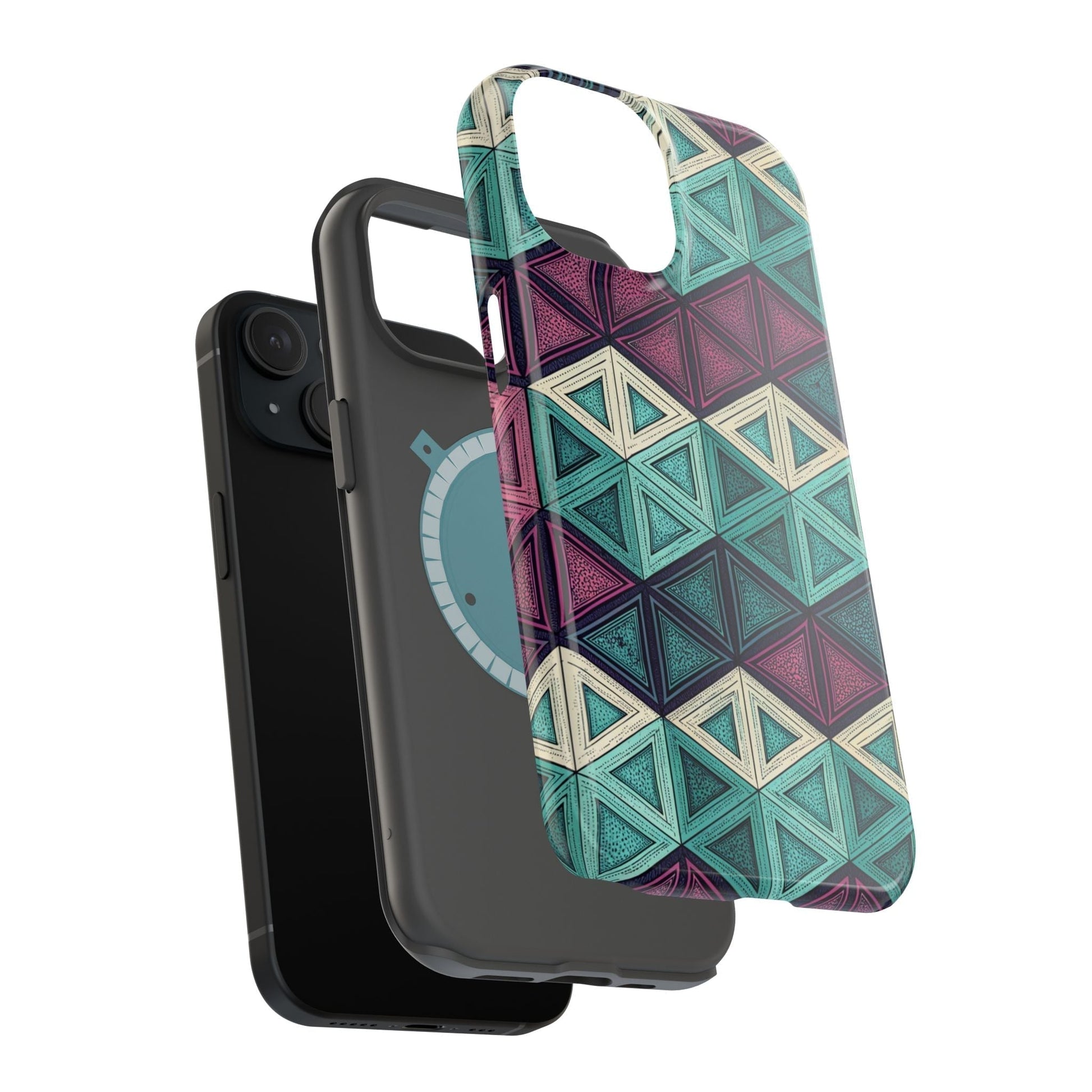 Purple and teal abstract geometric pattern magnetic iPhone tough case with MagSafe compatibility and dual-layer protection