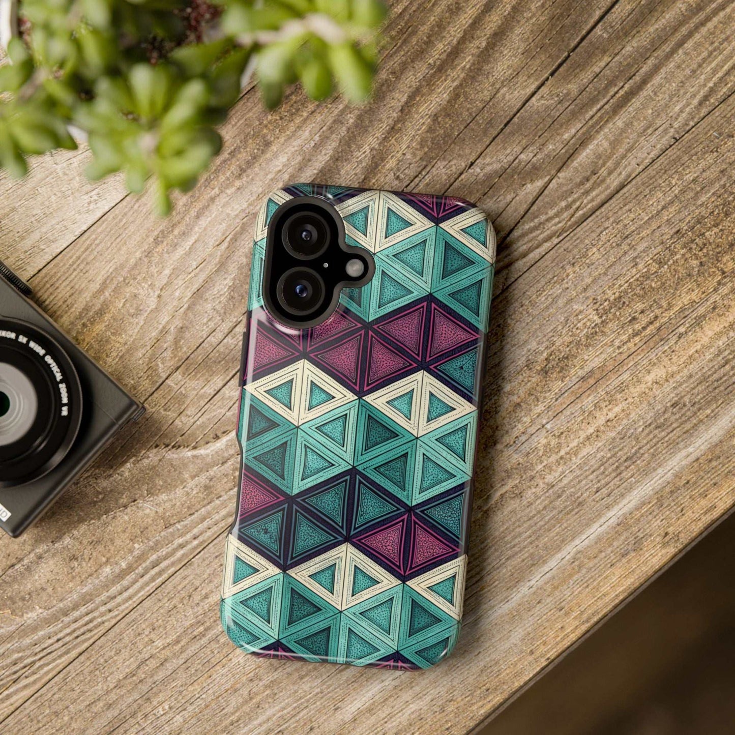 Purple and Teal Abstract geometric patterned magnetic tough iPhone case with MagSafe compatibility