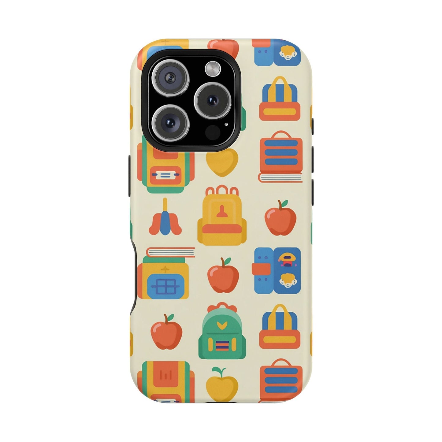 Back to school phone case with colorful backpacks, books, and apple icons on durable iPhone magnetic tough case