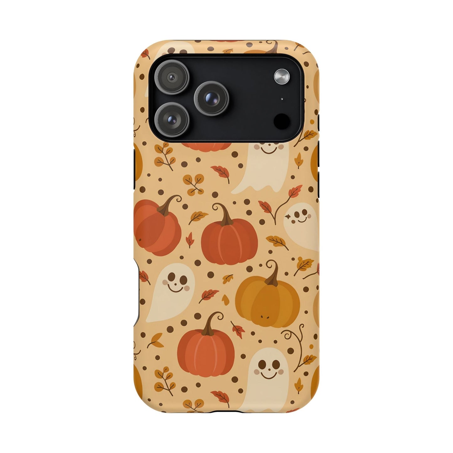 Spooky Pumpkins Halloween themed iPhone case with ghosts and pumpkins design, durable protective polycarbonate and TPU, MagSafe compatible