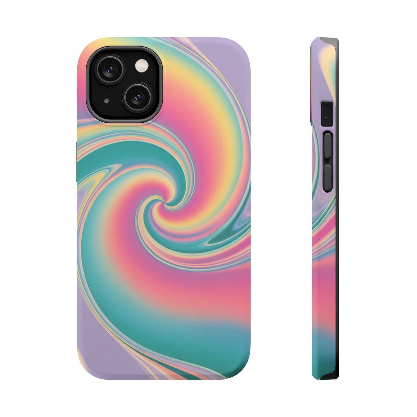 Vibrant Cotton Candy iPhone tough case with pastel swirl design and MagSafe compatibility