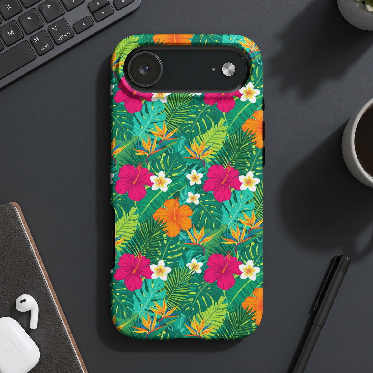 Phone case with a vibrant tropical floral and leaf pattern.