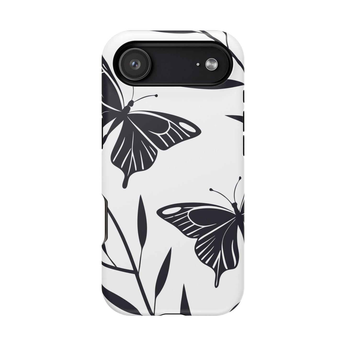 Black and white minimalist butterfly design iPhone case with durable protective dual-layer construction and MagSafe compatibility