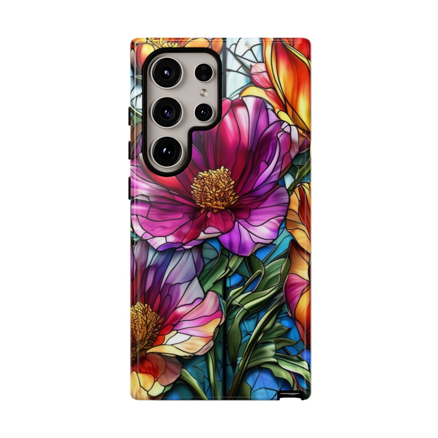 Samsung phone case with vibrant purple flower design, durable and impact-resistant with UV protection and wireless charging support