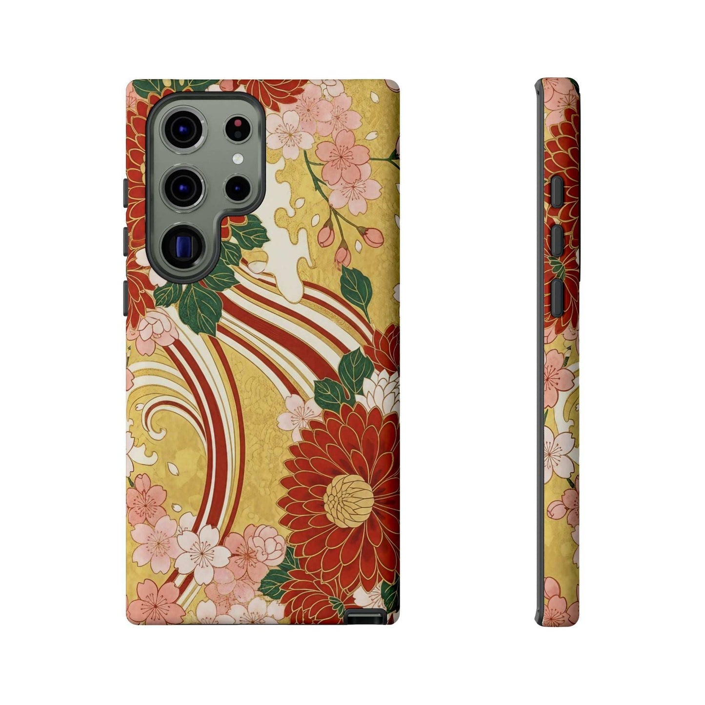 Samsung Case with Japanese floral gold chrysanthemum design, durable and impact-resistant protection for phone