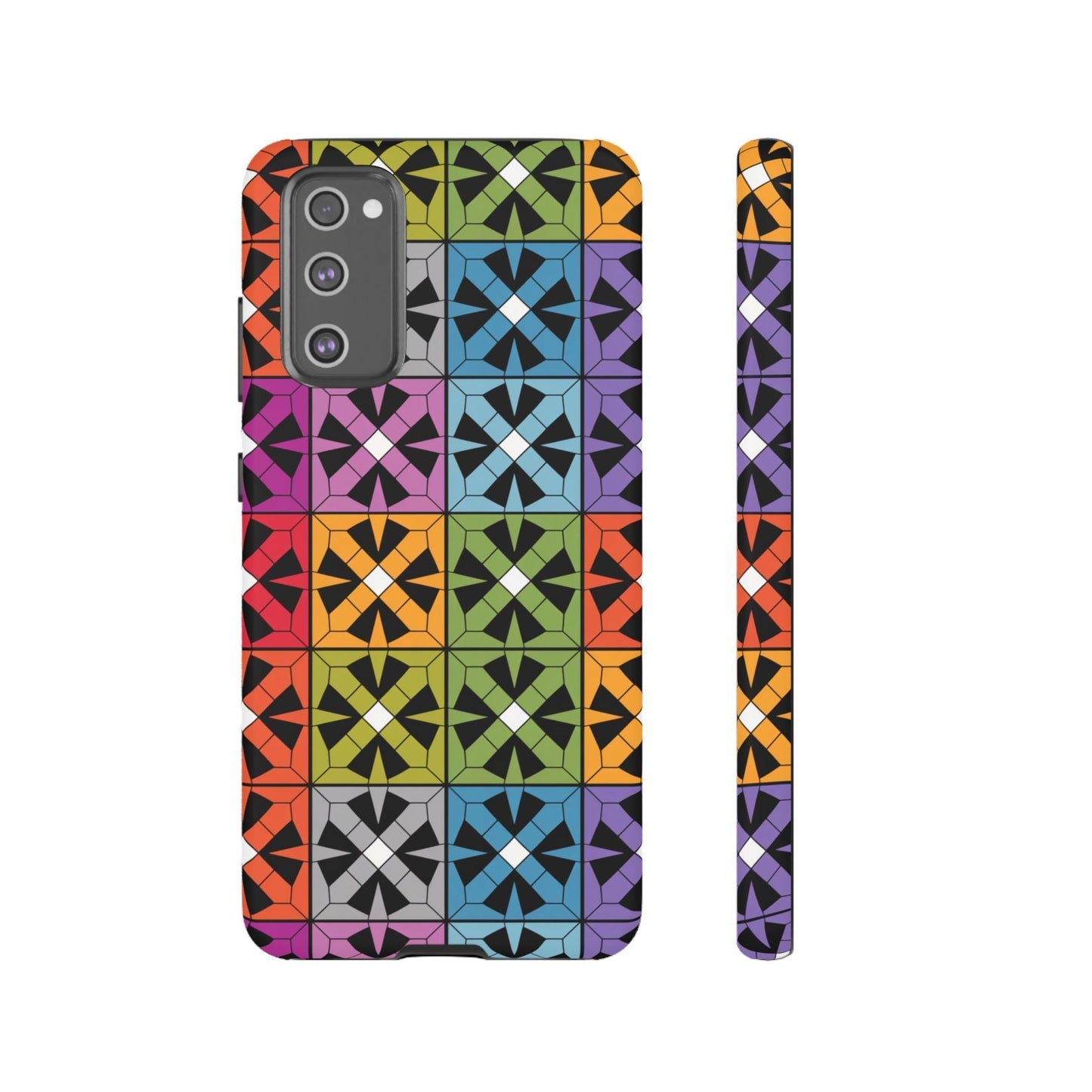 Samsung tough case with rainbow abstract square pattern for Galaxy phones, impact resistant and stylish design