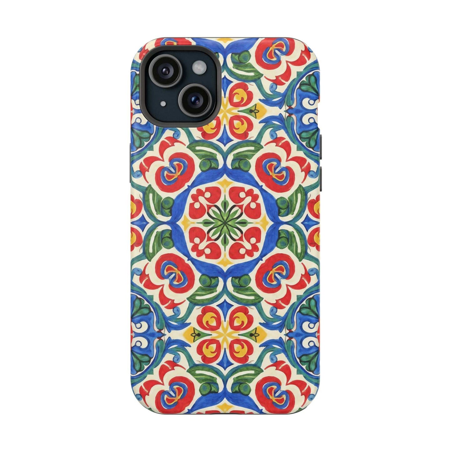Mediterranean iPhone Case with colorful folk tile art pattern and MagSafe compatibility