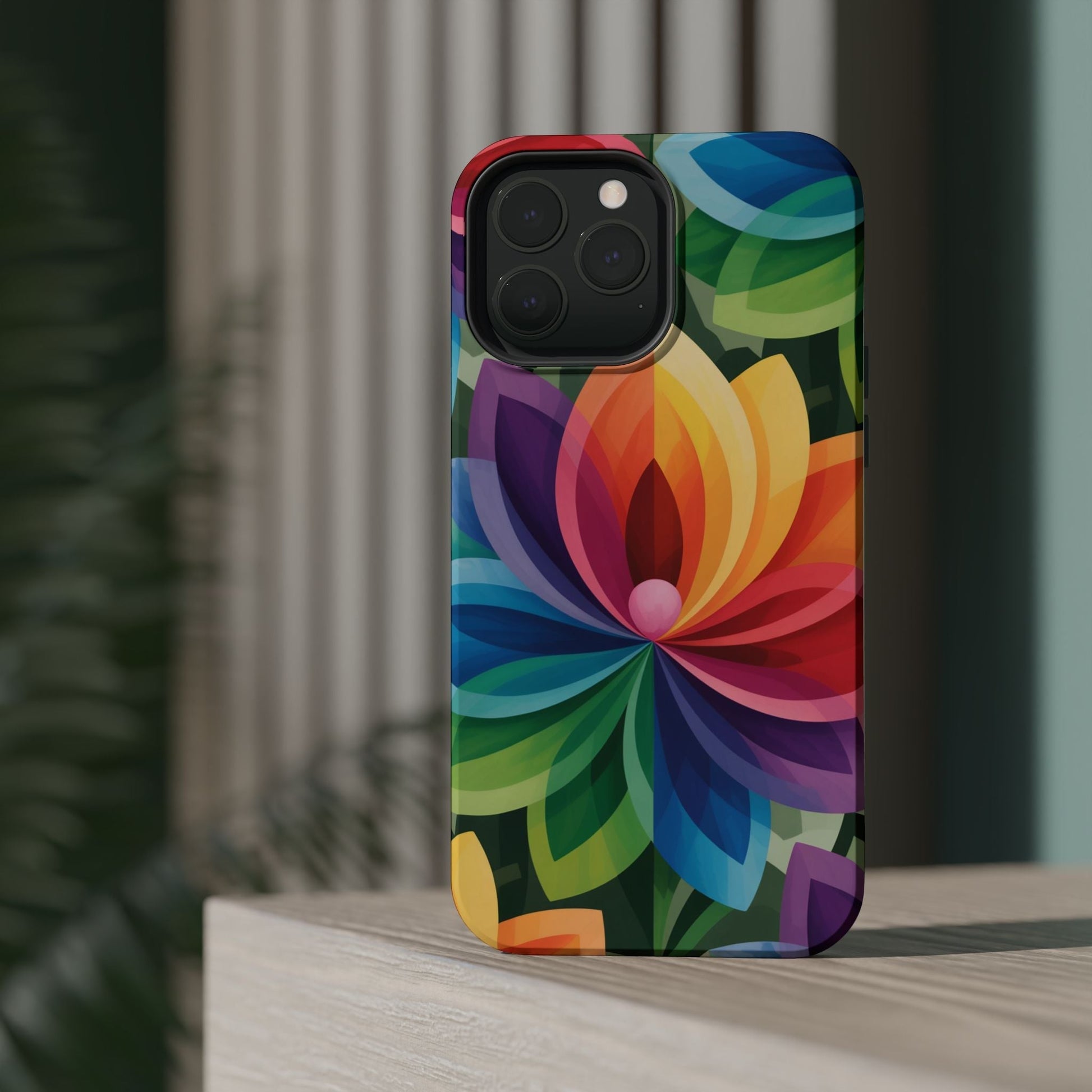 Rainbow Flower iPhone Case with vibrant colorful petal design and MagSafe compatibility on iPhone camera back.
