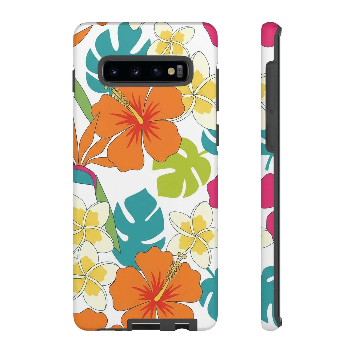 Orange floral Samsung phone case with vibrant tropical flower design and durable shock-absorbing protection.