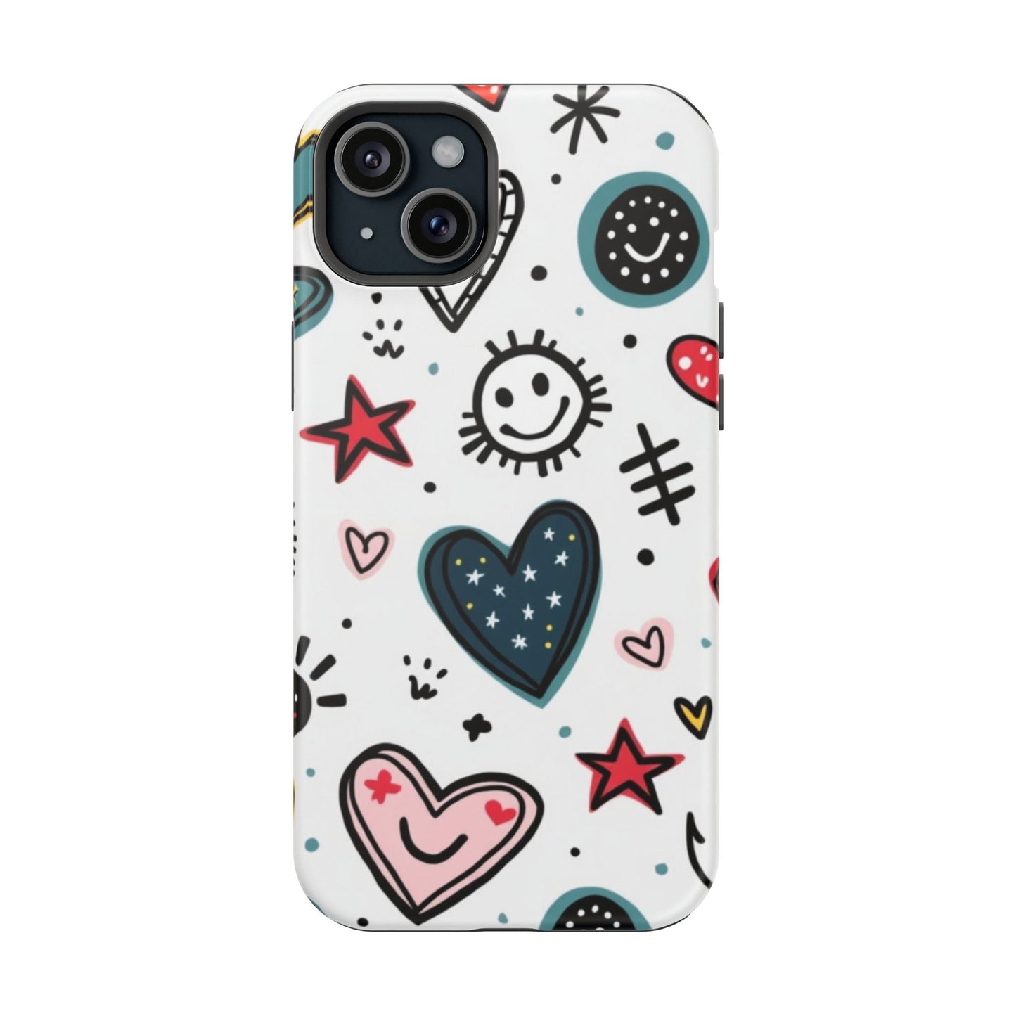 Cartoon Hearts and Smiles iPhone tough case with playful heart and smile designs in vibrant colors and durable protective material.