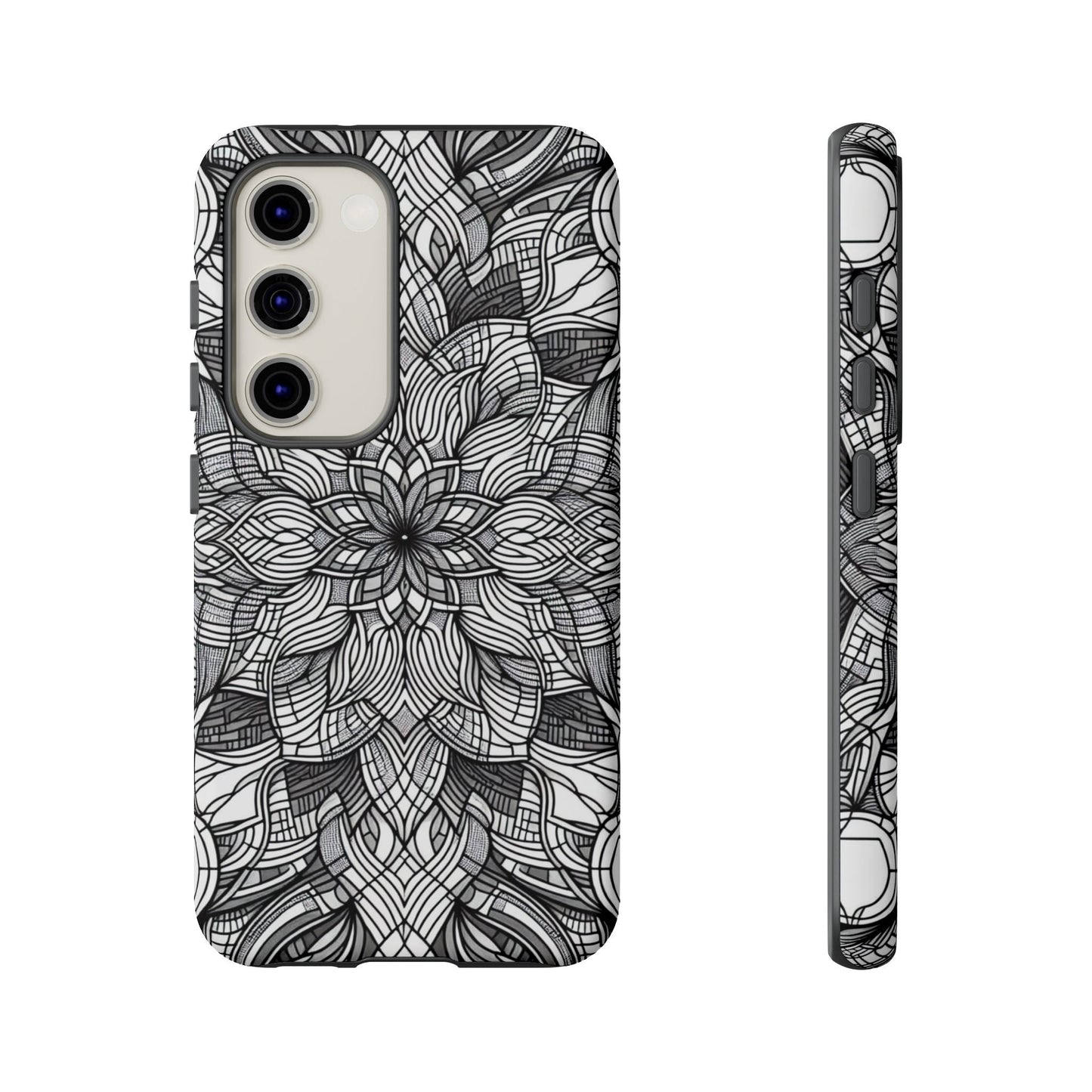 Black and white intricate floral art explosion design Samsung phone case with full protective coverage