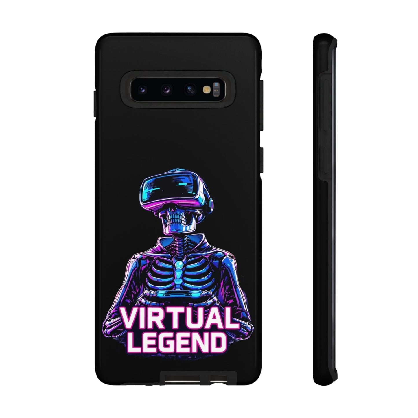 Black shockproof phone case with neon skeleton wearing VR headset and "Virtual Legend" text for Samsung phones