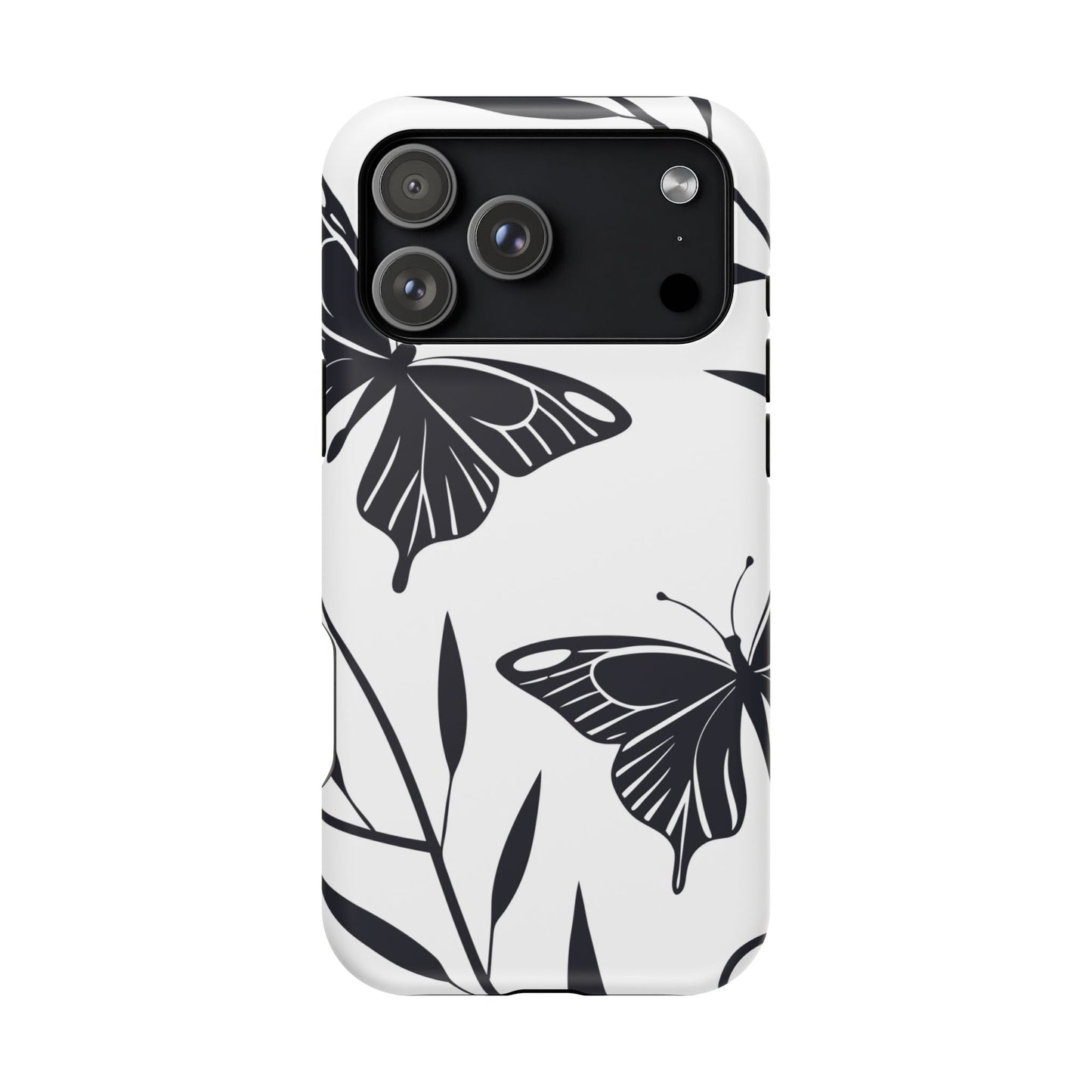 Black and white minimalist butterfly design iPhone case with durable protective dual-layer and MagSafe compatibility