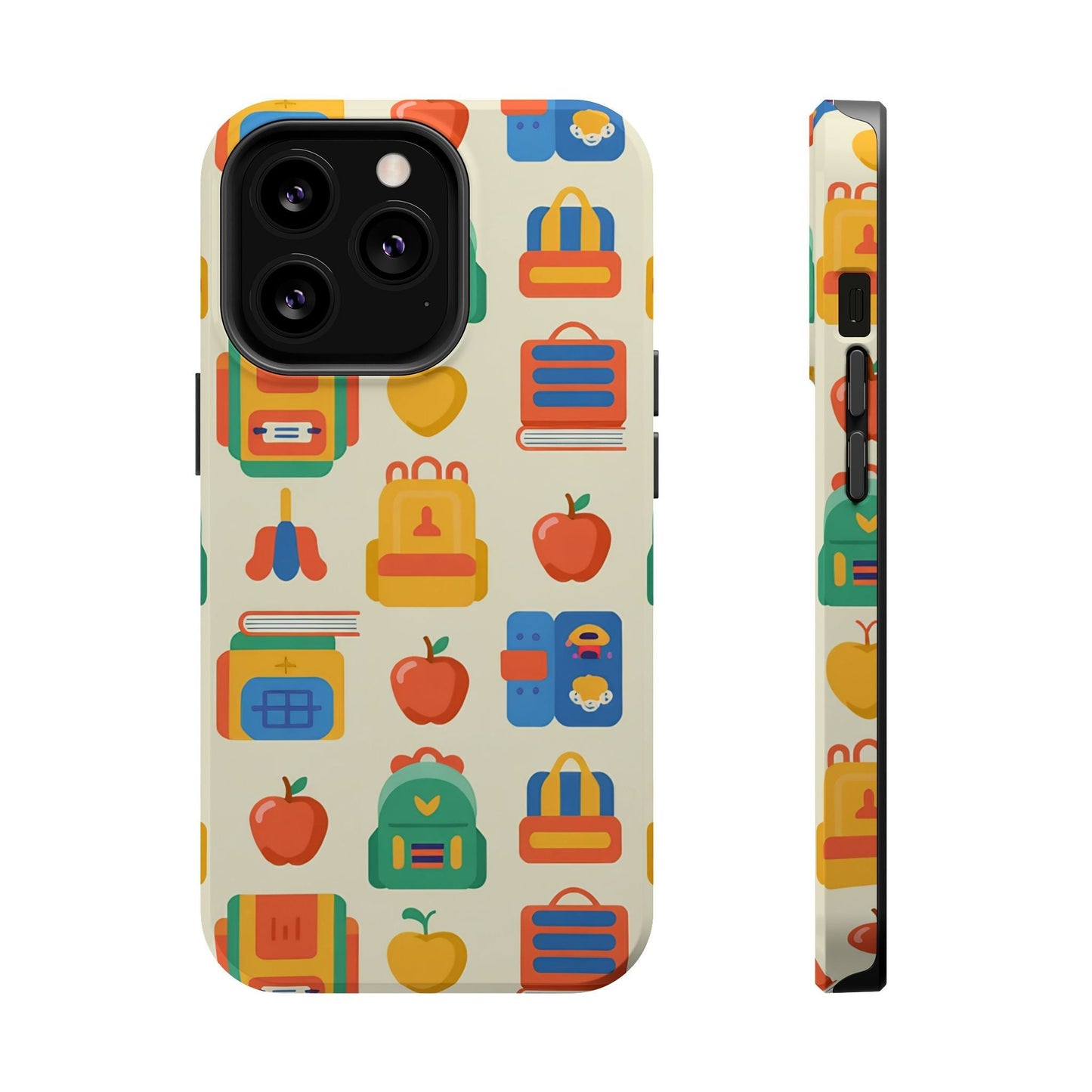 Back to School Phone Case for iPhone with colorful school supplies pattern, durable dual-layer protection, and MagSafe compatibility