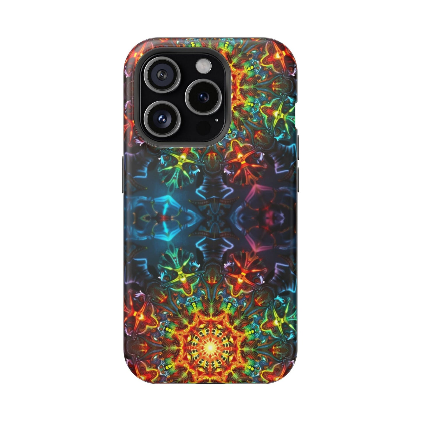 iPhone case with vibrant abstract kaleidoscope design in colorful, protective dual-layer shell
