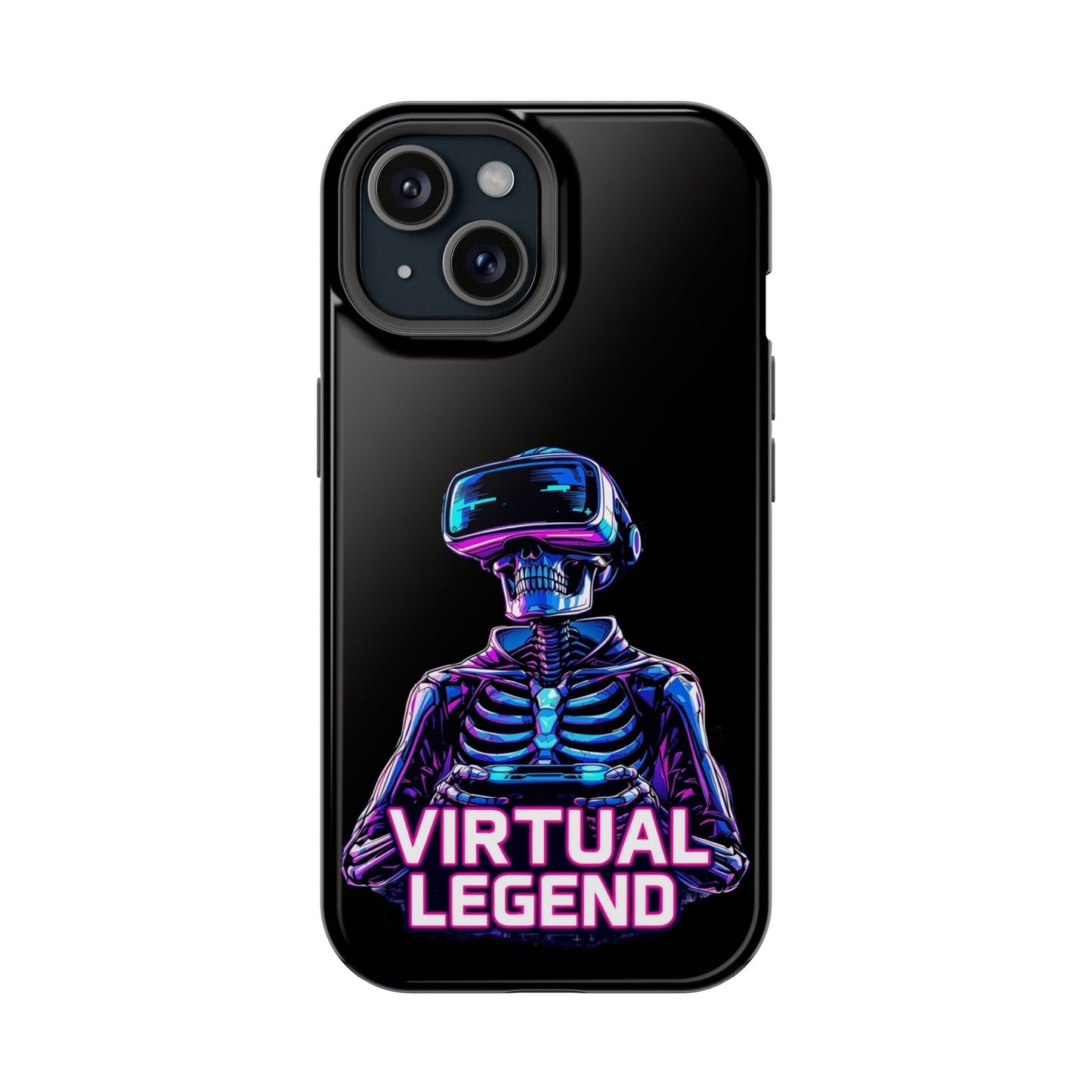 Virtual Legend Gamer iPhone tough case with durable dual-layer design, featuring a neon skeleton with VR headset and bold text on black background.