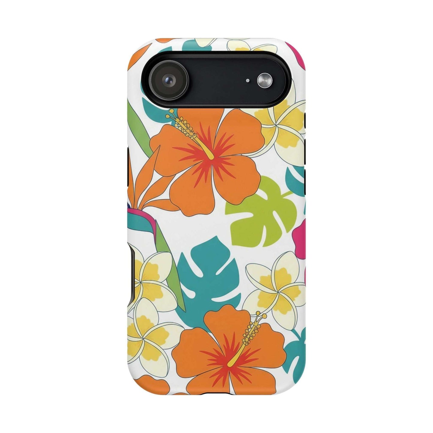 Orange floral iPhone case with magnetic impact-resistant dual-layer protection and vibrant botanical design