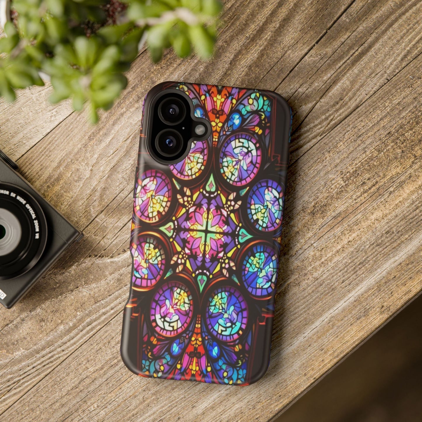 iPhone tough case with colorful hypnotic stained glass design for artistic protection