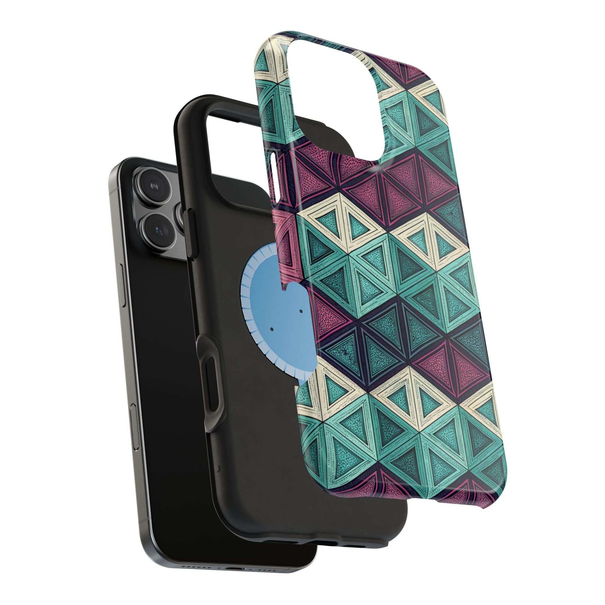 Purple and teal abstract geometric pattern iPhone tough case with MagSafe compatibility and dual-layer protection