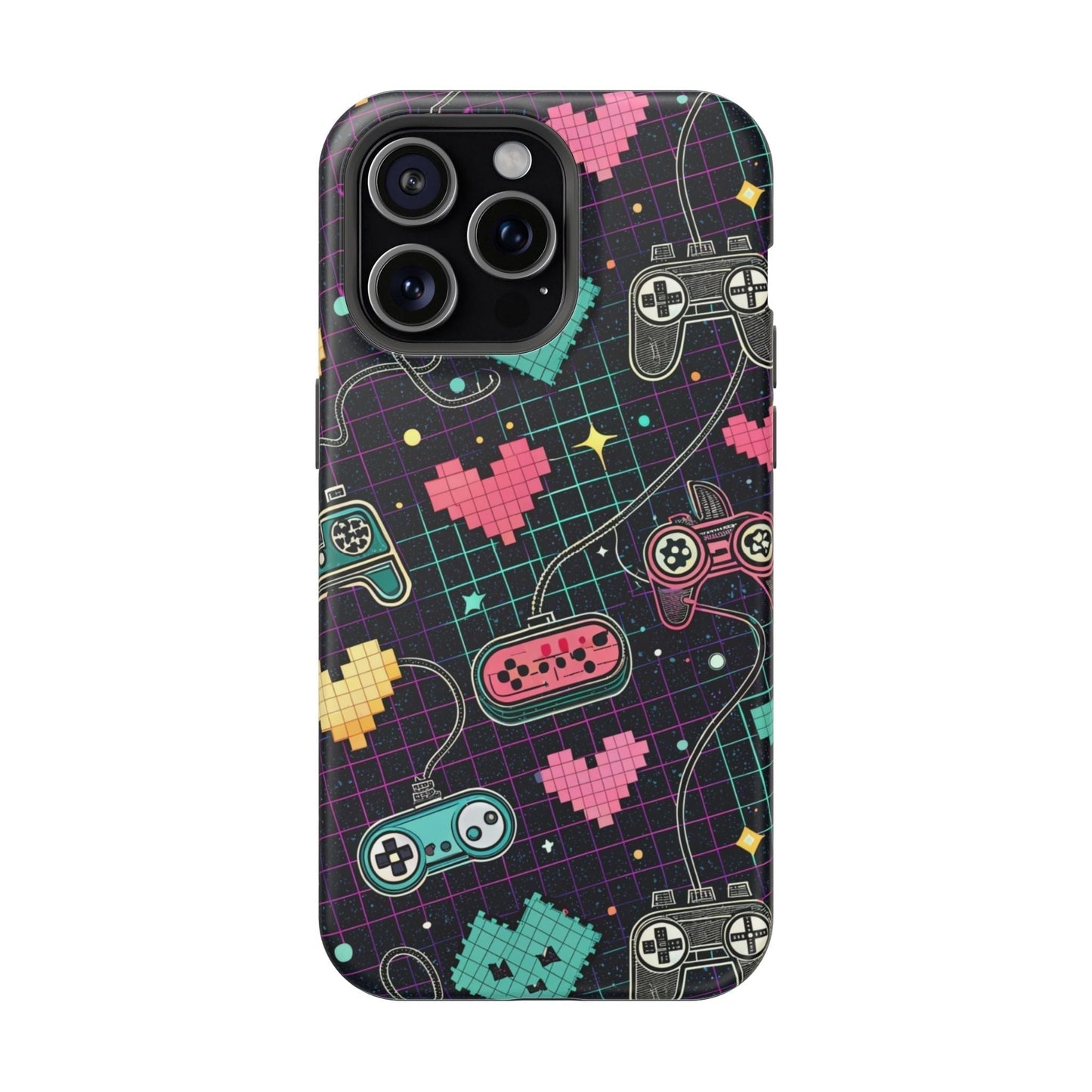 Retro Gamer Inspired dual-layer iPhone case with colorful pixelated hearts and game controller design, MagSafe compatible.