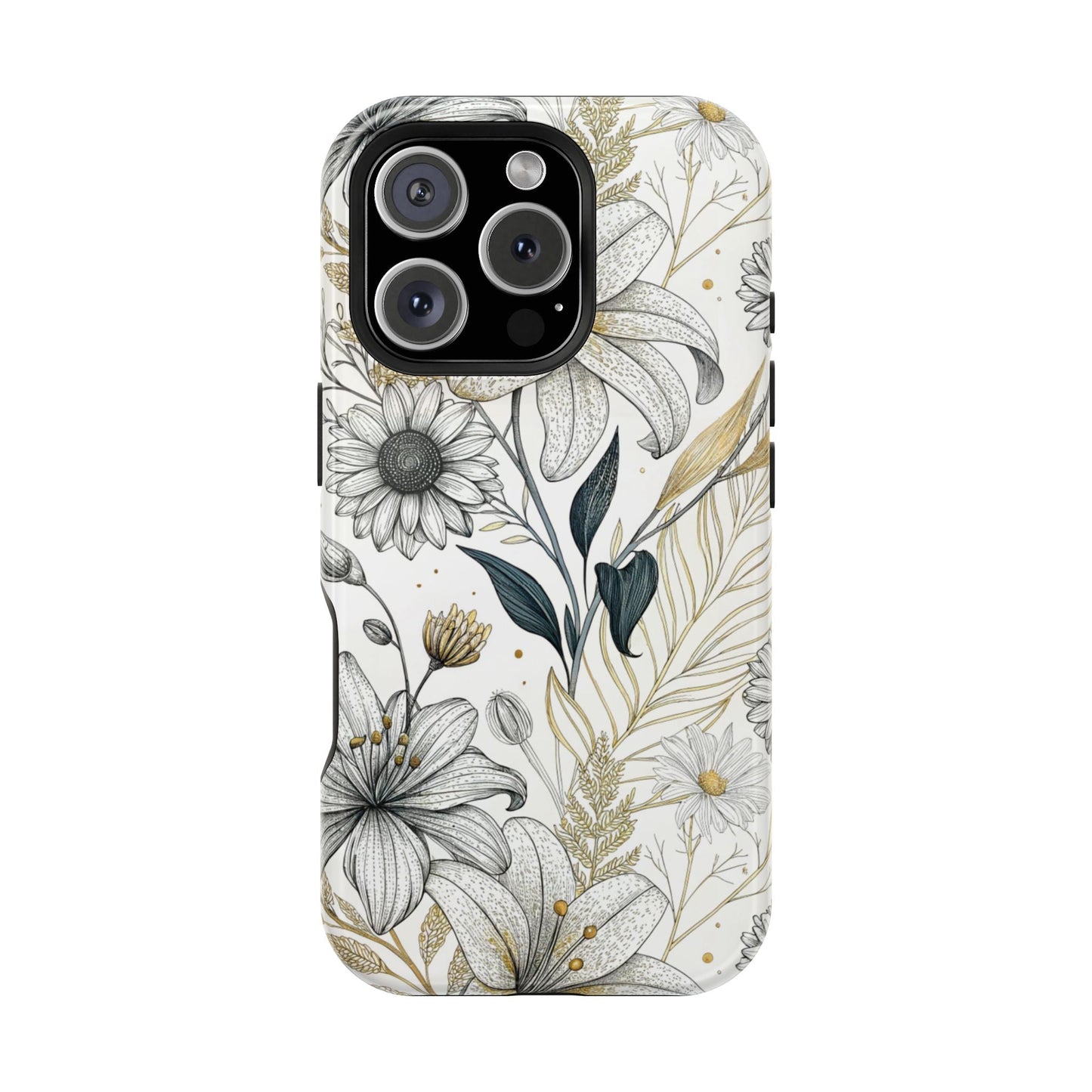 iPhone case with modern minimalist golden leaf flower design and durable protective cover