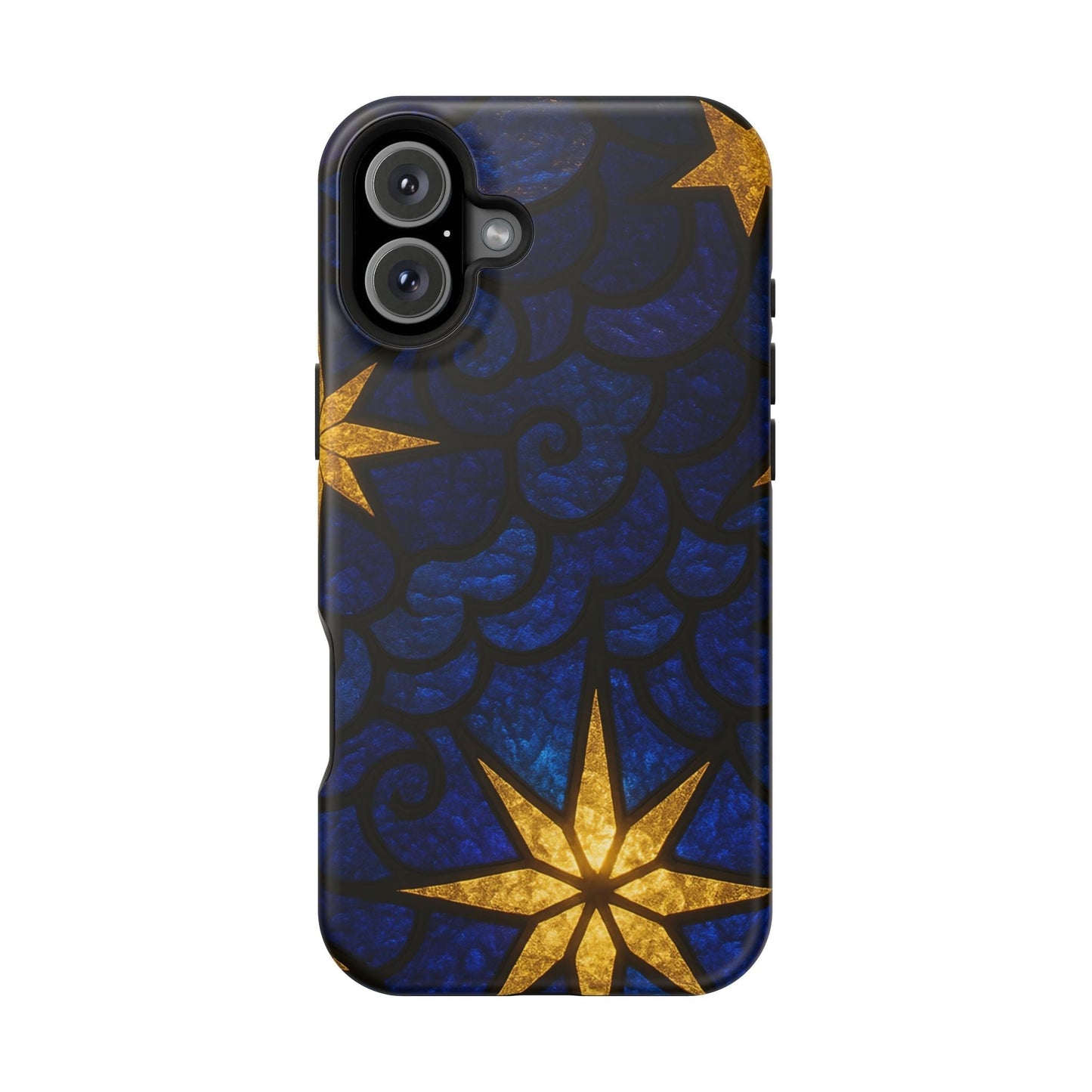 iPhone tough case with golden star design on dark blue patterned background, MagSafe compatible and durable protection