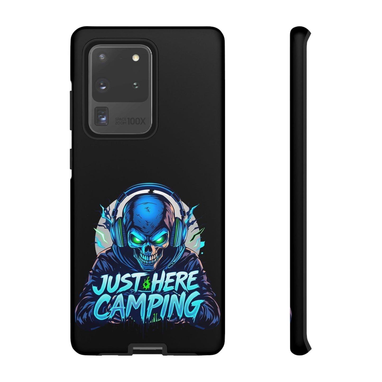 Samsung Tough Case with vibrant Just Here Camping gaming skull design for gaming enthusiasts case