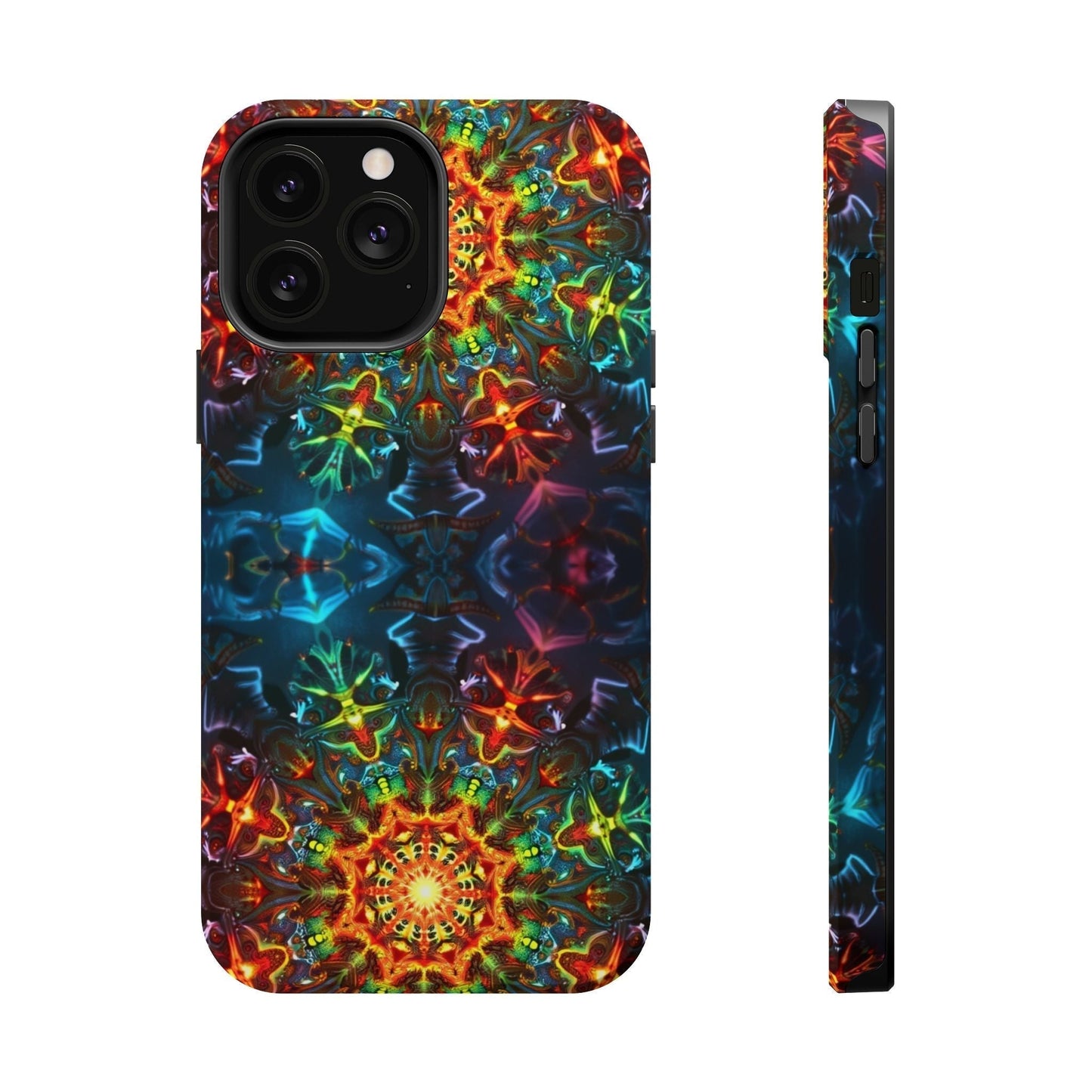 iPhone magnetic tough case with vibrant abstract kaleidoscope design and durable dual-layer protection
