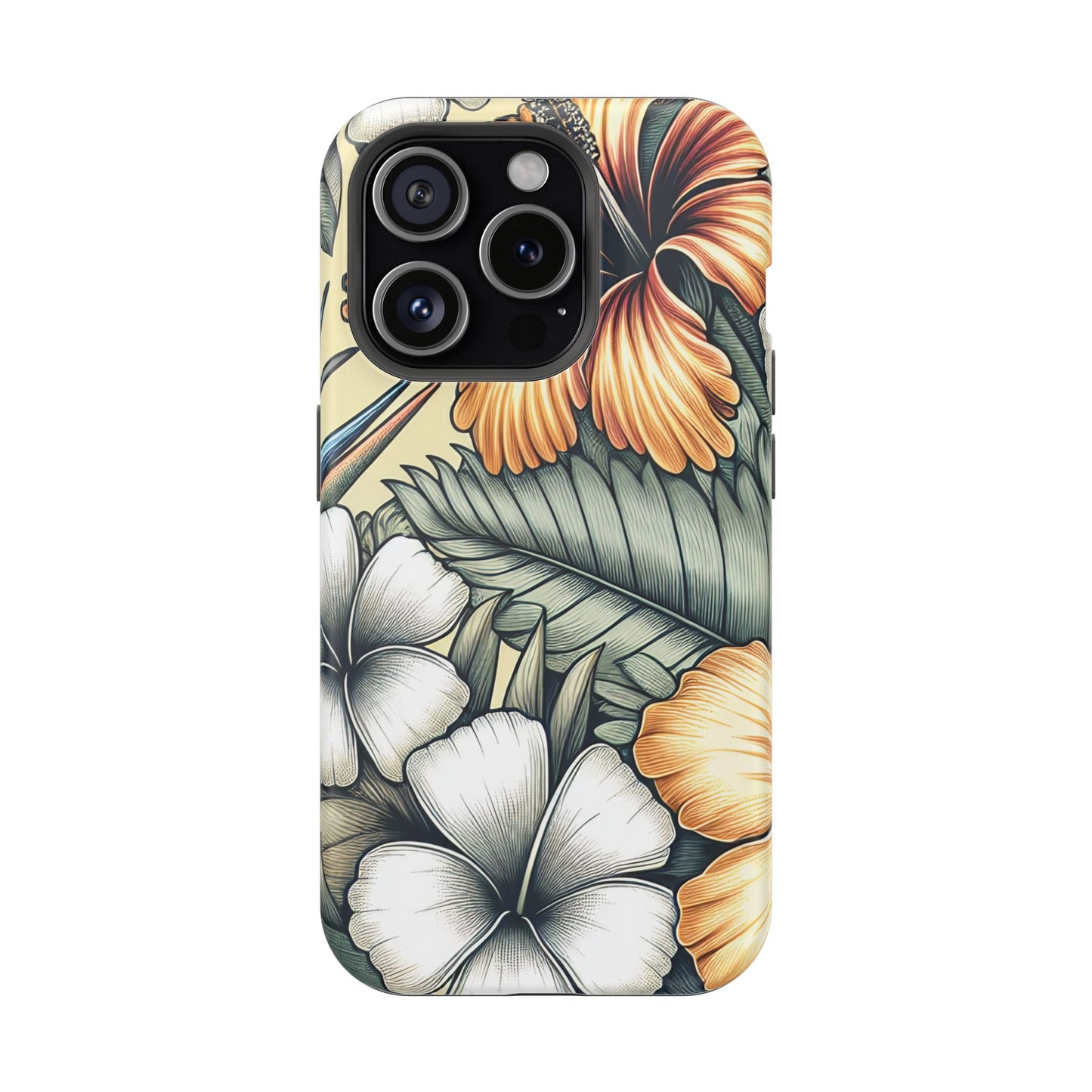 iPhone tough case with golden tropical floral design, durable dual-layer protection, MagSafe compatible