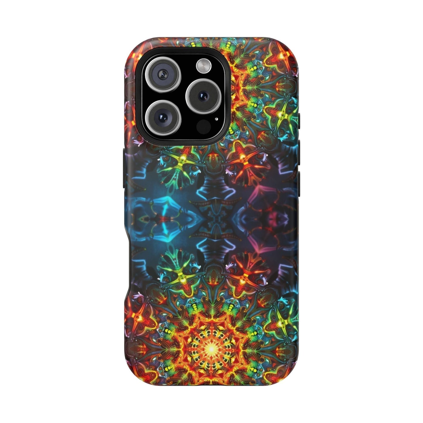iPhone tough case with vibrant abstract kaleidoscope design and MagSafe magnetic compatibility