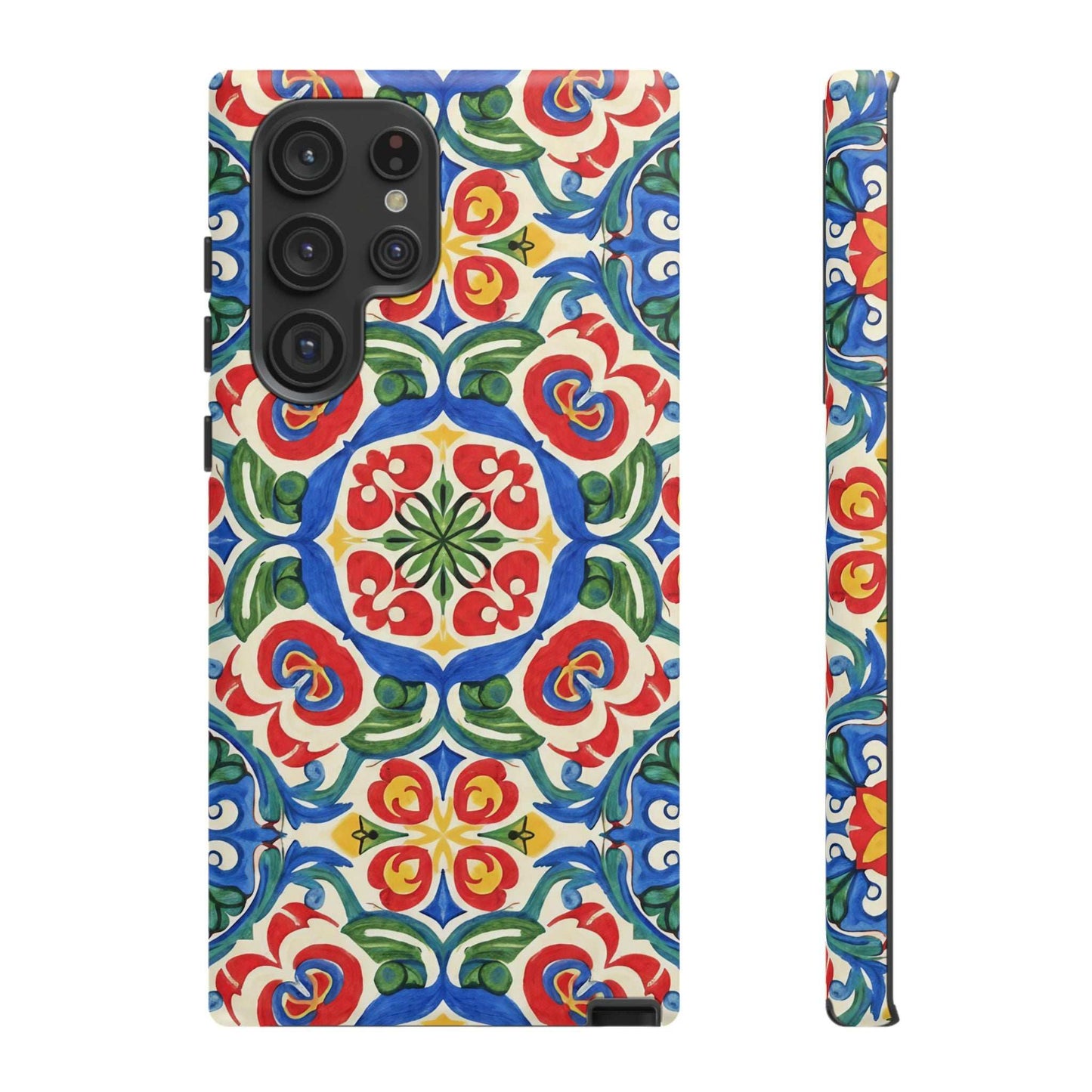 Mediterranean Samsung Case with hand-painted tile design in vibrant blue, red, and green, featuring dual-layer protection and seamless 3D wrap.