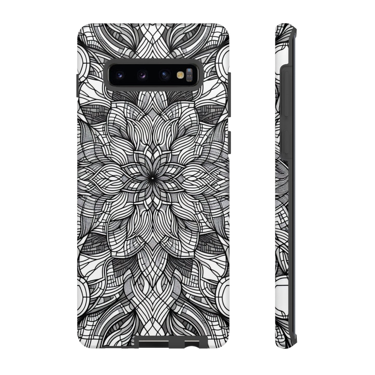 Black and white artistic floral explosion Samsung phone case with intricate 3D pattern and full protective coverage