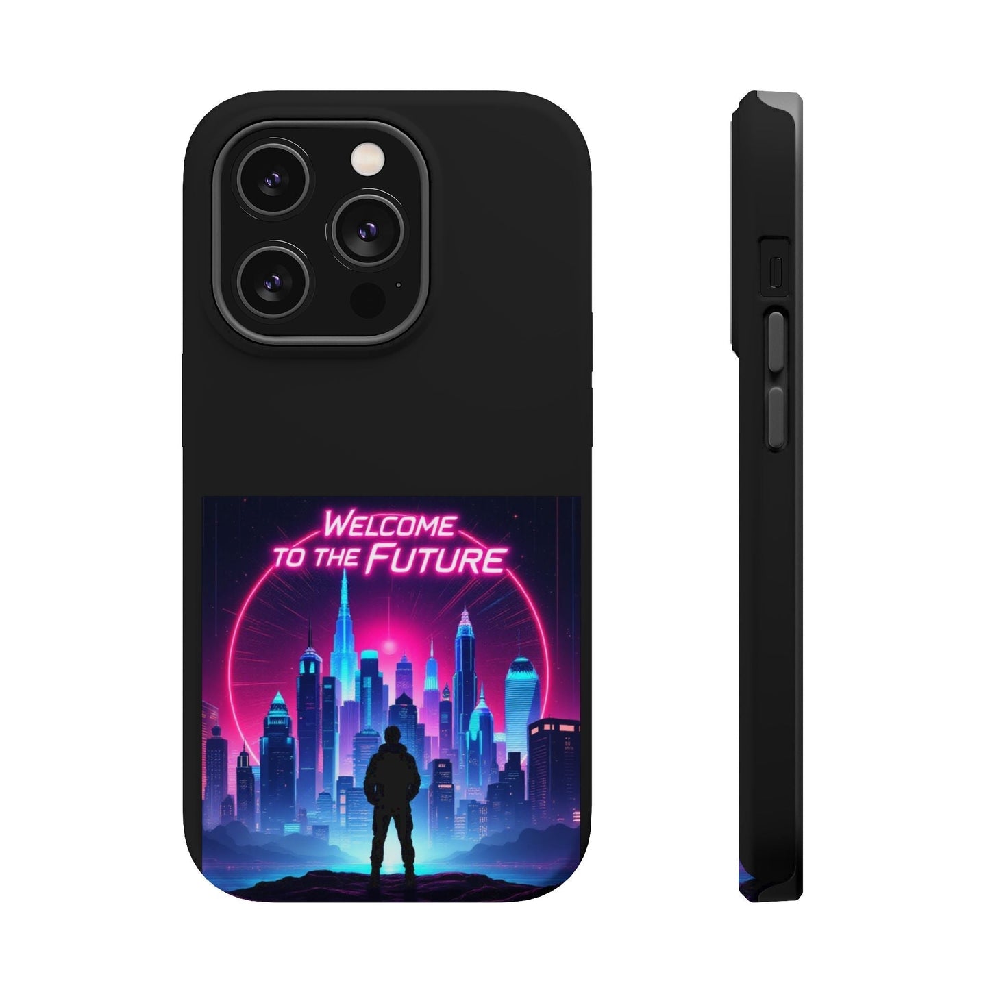 Black iPhone case with neon futuristic cityscape and "Welcome to the Future" text, MagSafe compatible, durable protective design