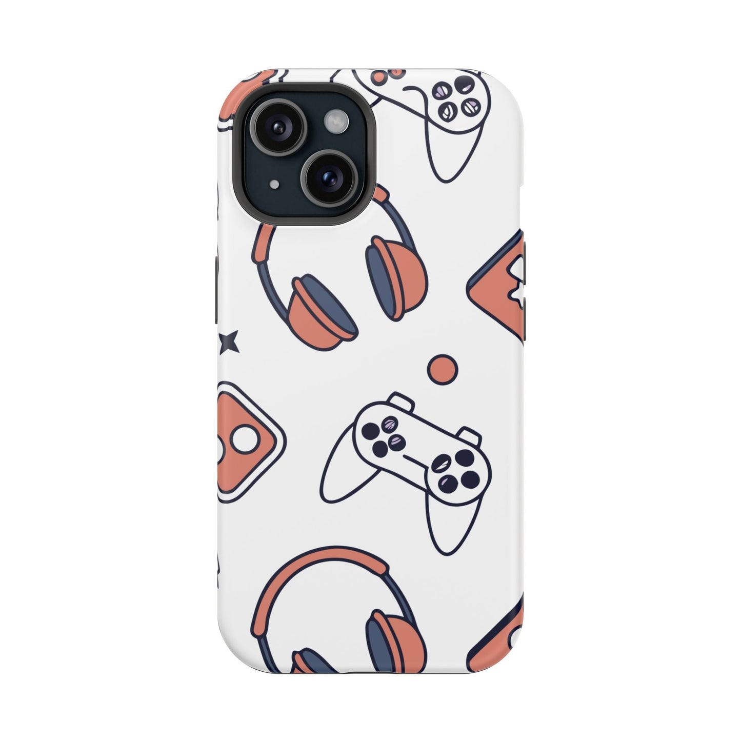 Gamer iPhone tough case with colorful gaming controllers and headphones design, durable protective polycarbonate and TPU material, MagSafe compatible.