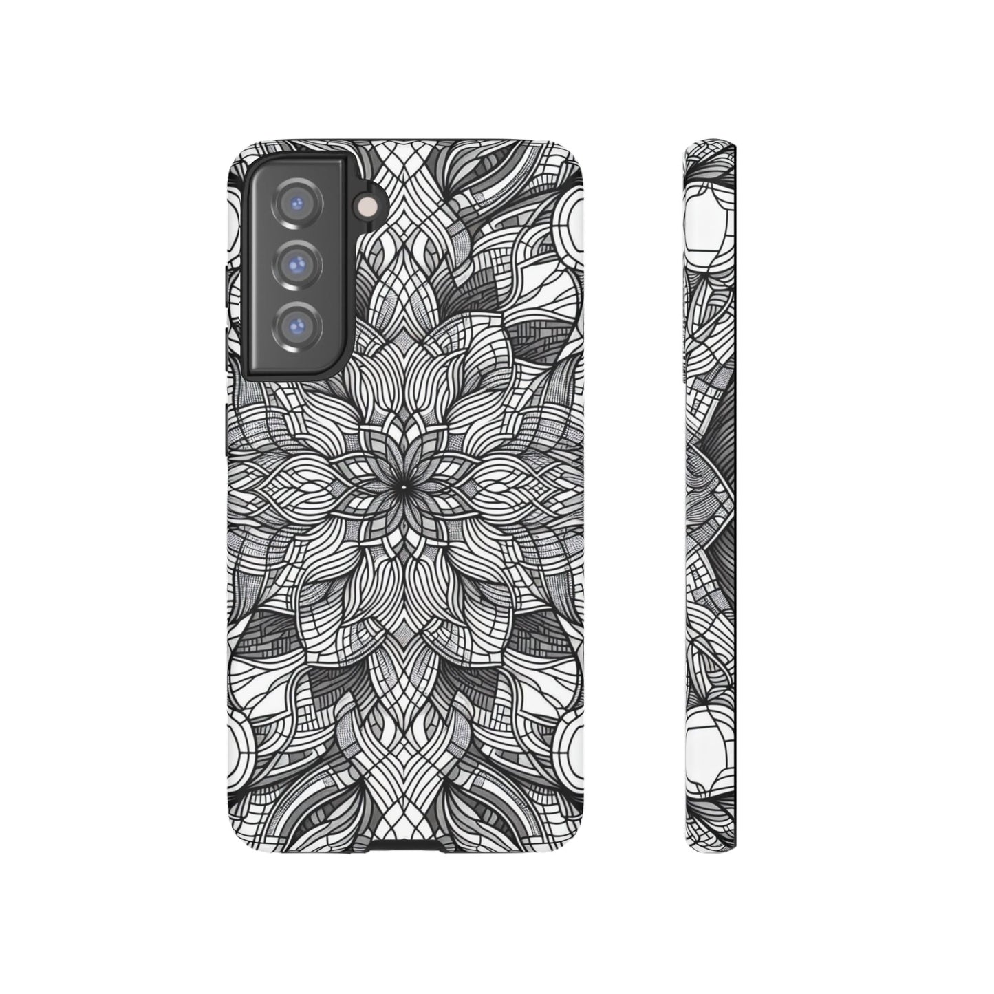 Samsung Tough Case with black and white artistic floral explosion design for full phone protection