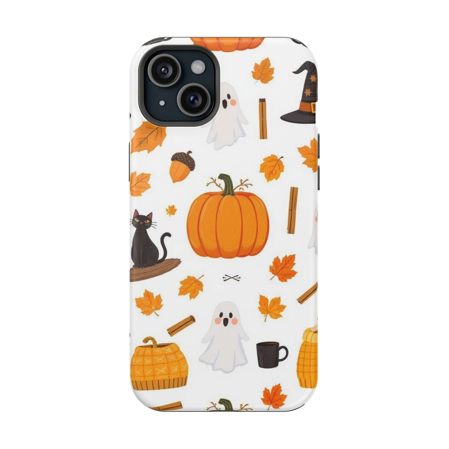 Halloween Pumpkins iPhone case with pumpkin, ghost, black cat, autumn leaves, and spooky design, MagSafe compatible